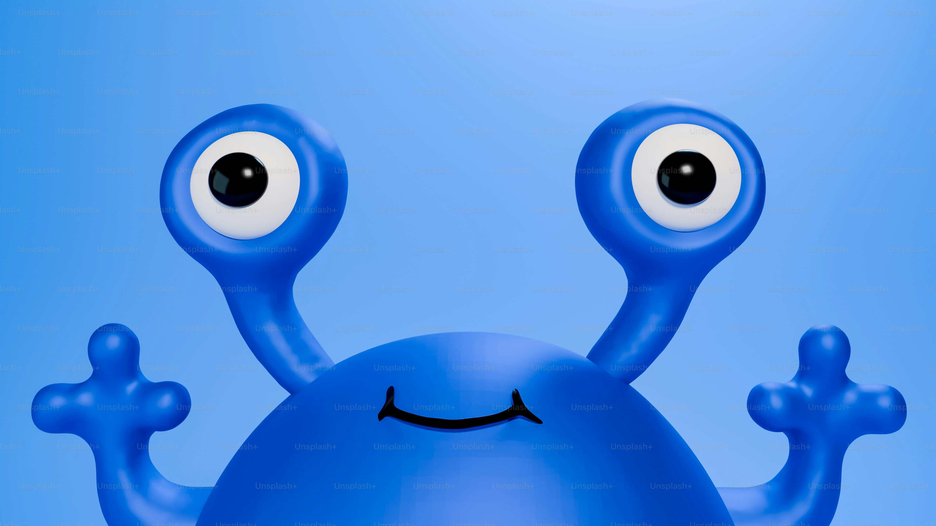 Eine blaue Zeichentrickfigur mit Augen und Armen