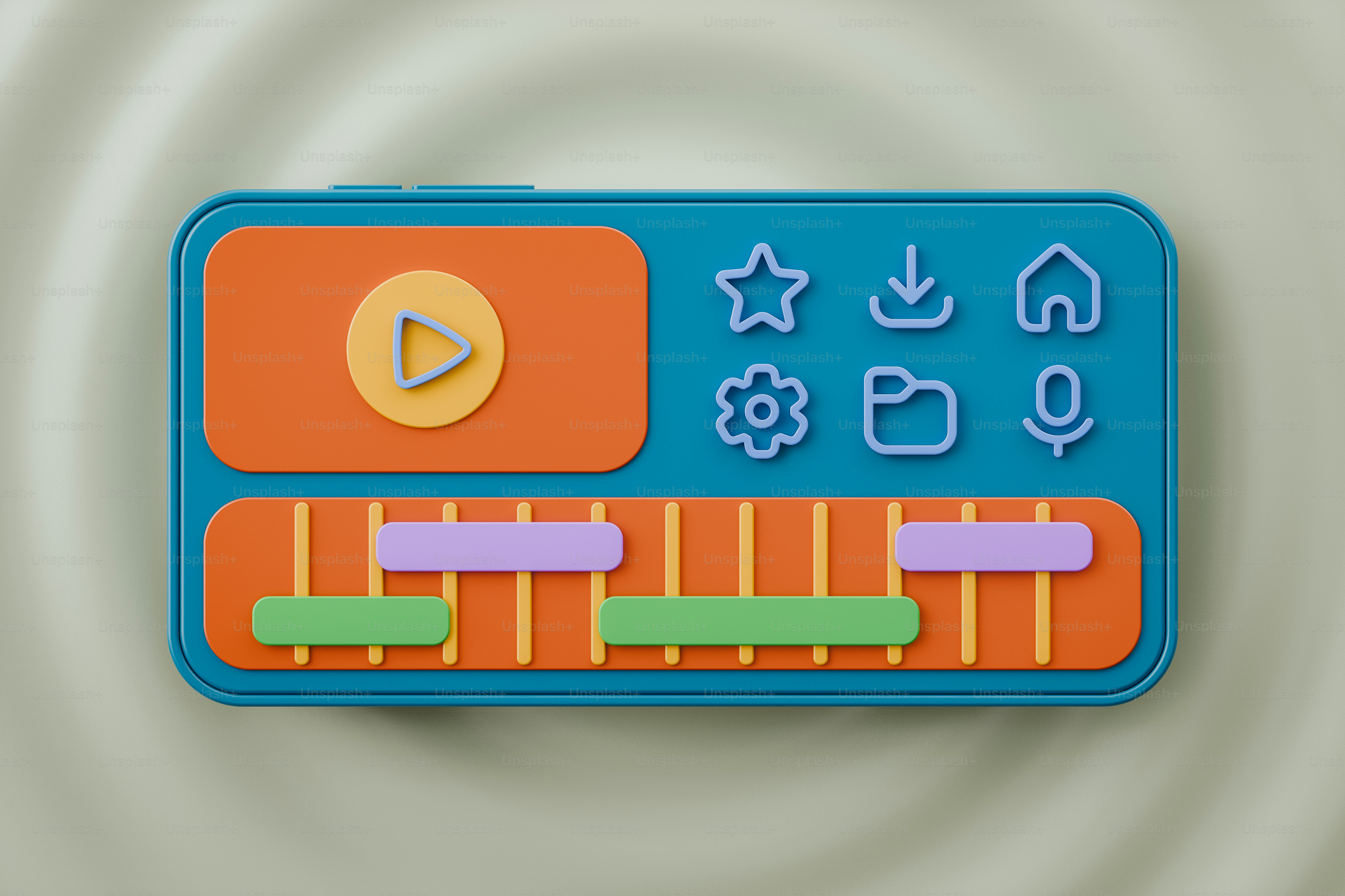 A blue and orange button with a play button on it