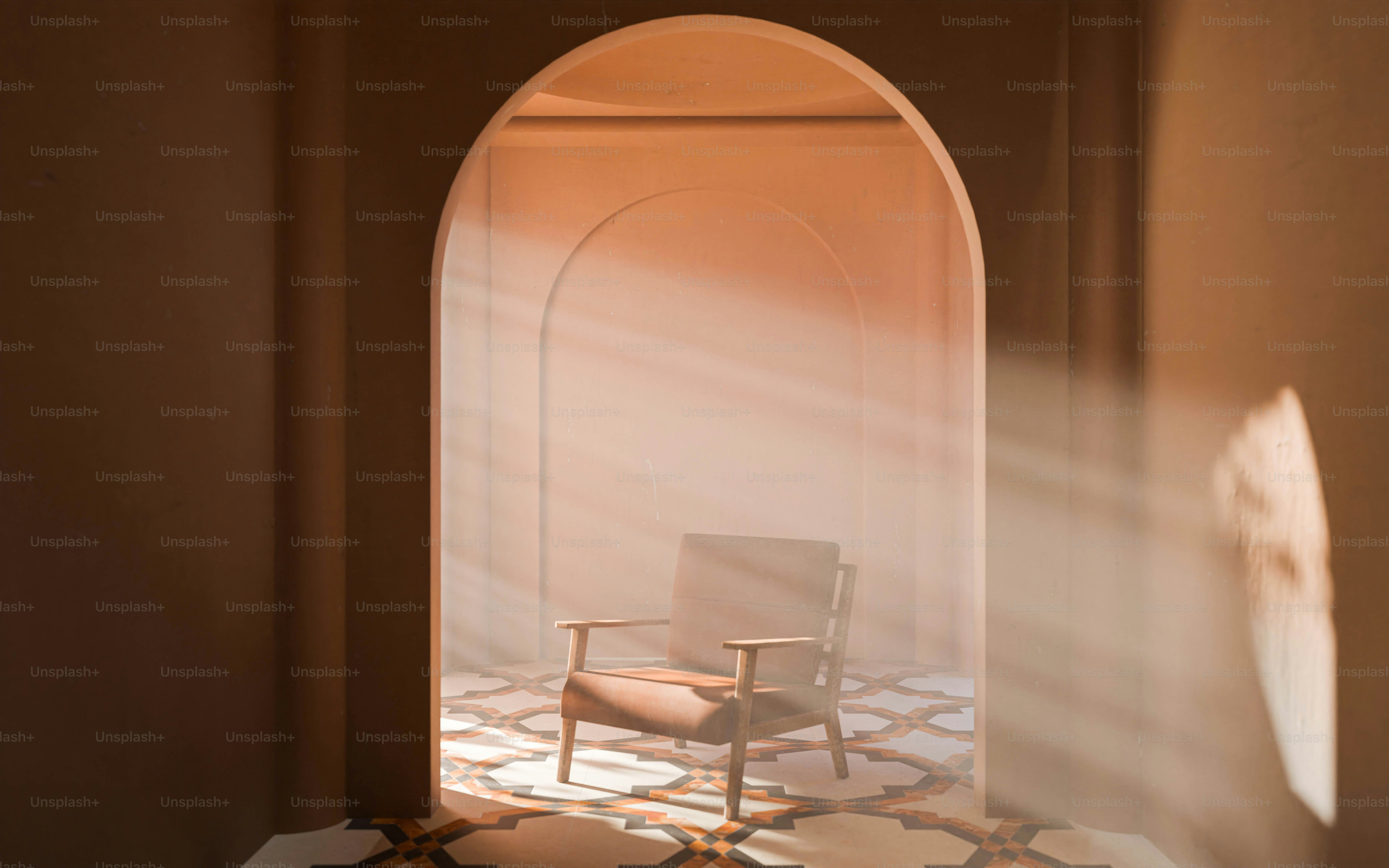 A chair sitting in a room with a light coming through the window