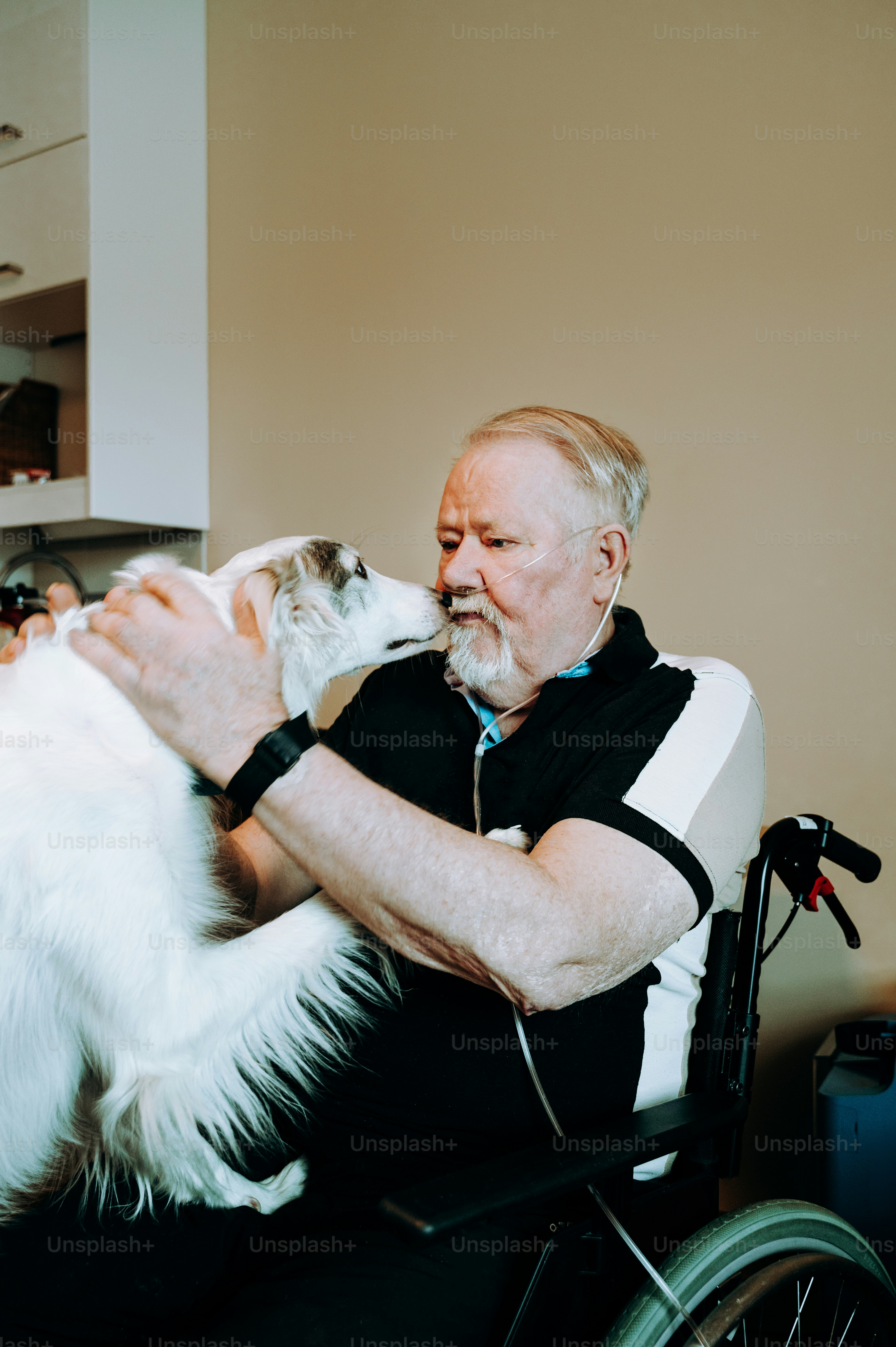 A man in a wheel chair petting a dog