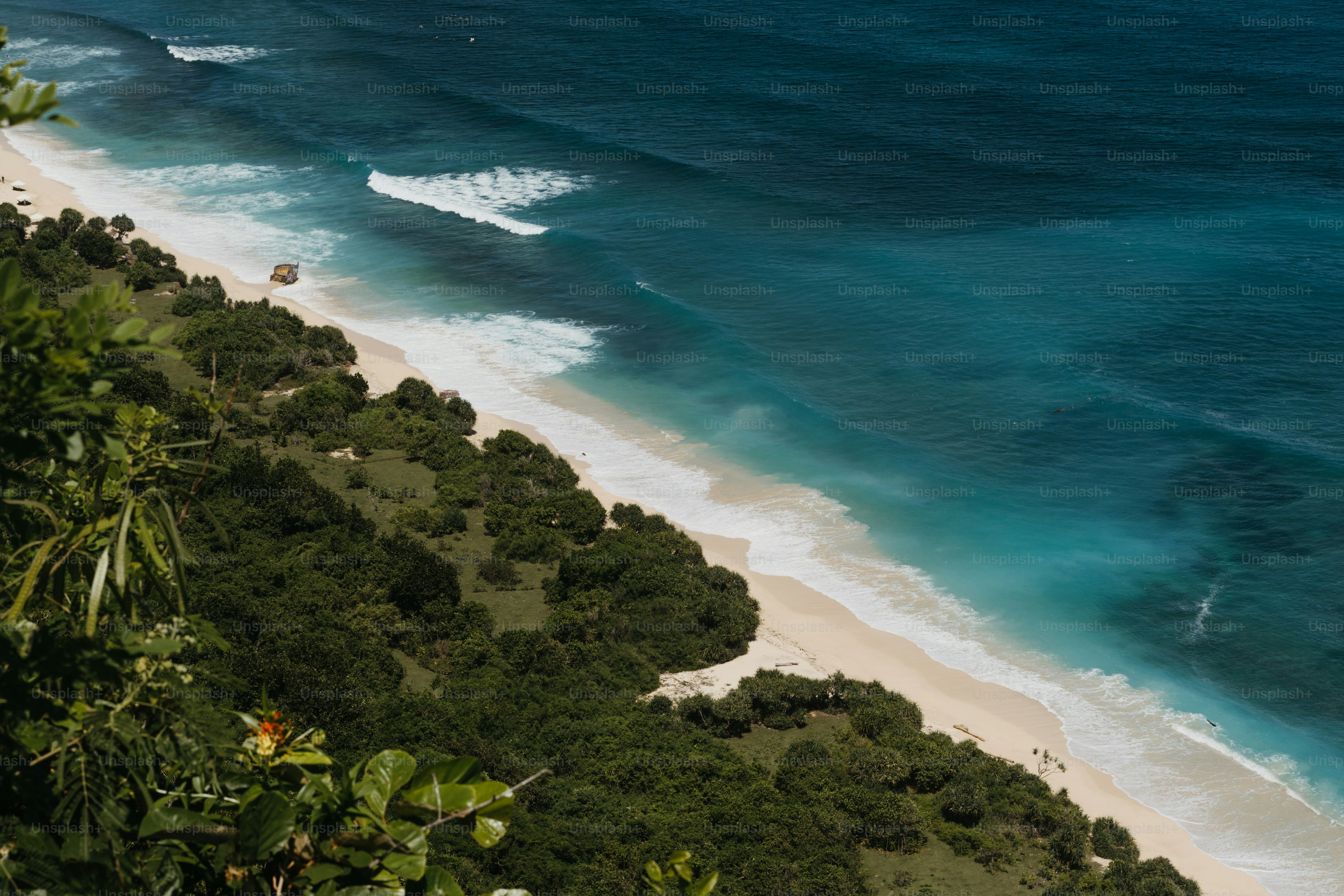 An aerial view of a beach and a body of water