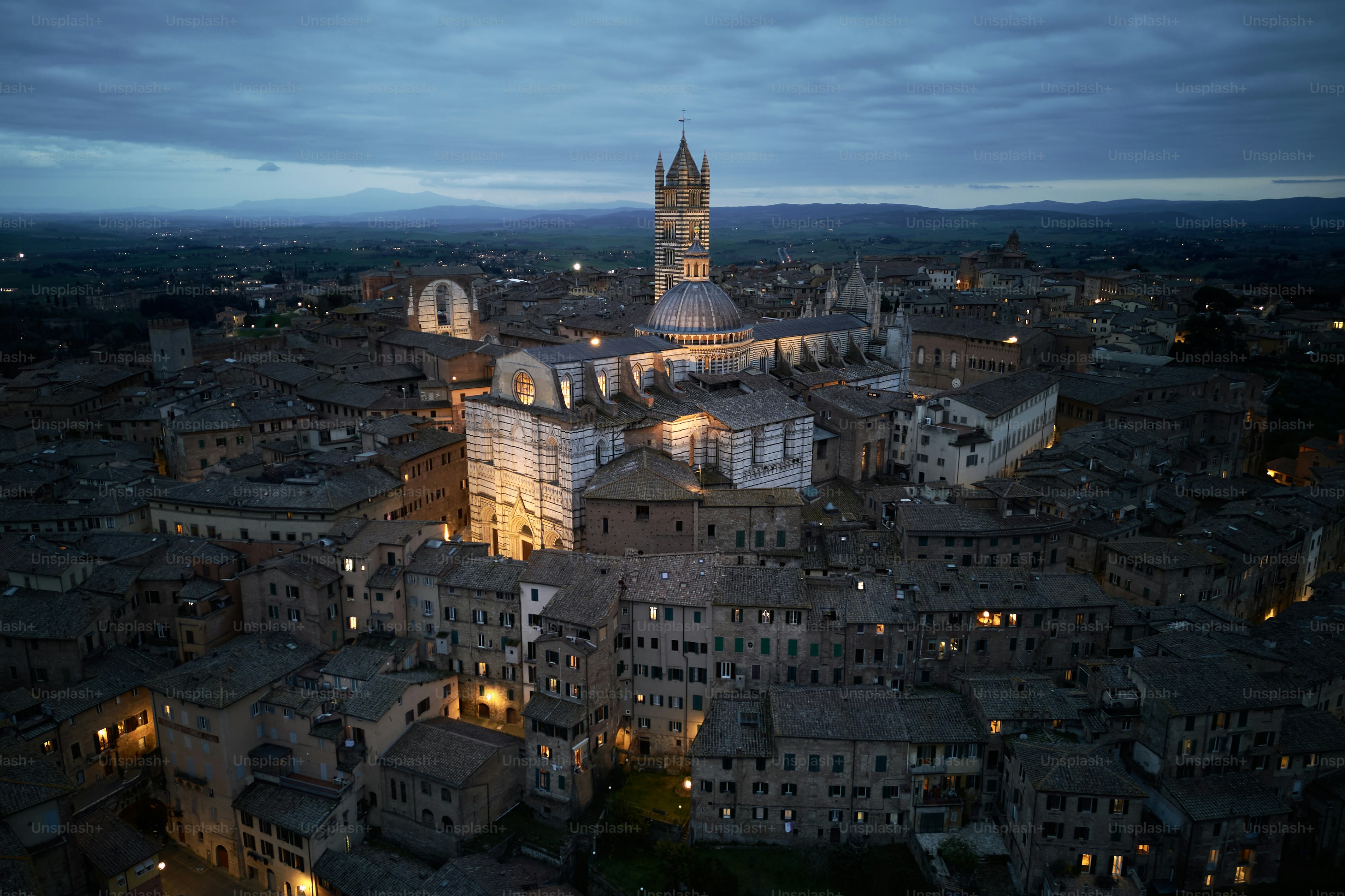 An aerial view of a city at night
