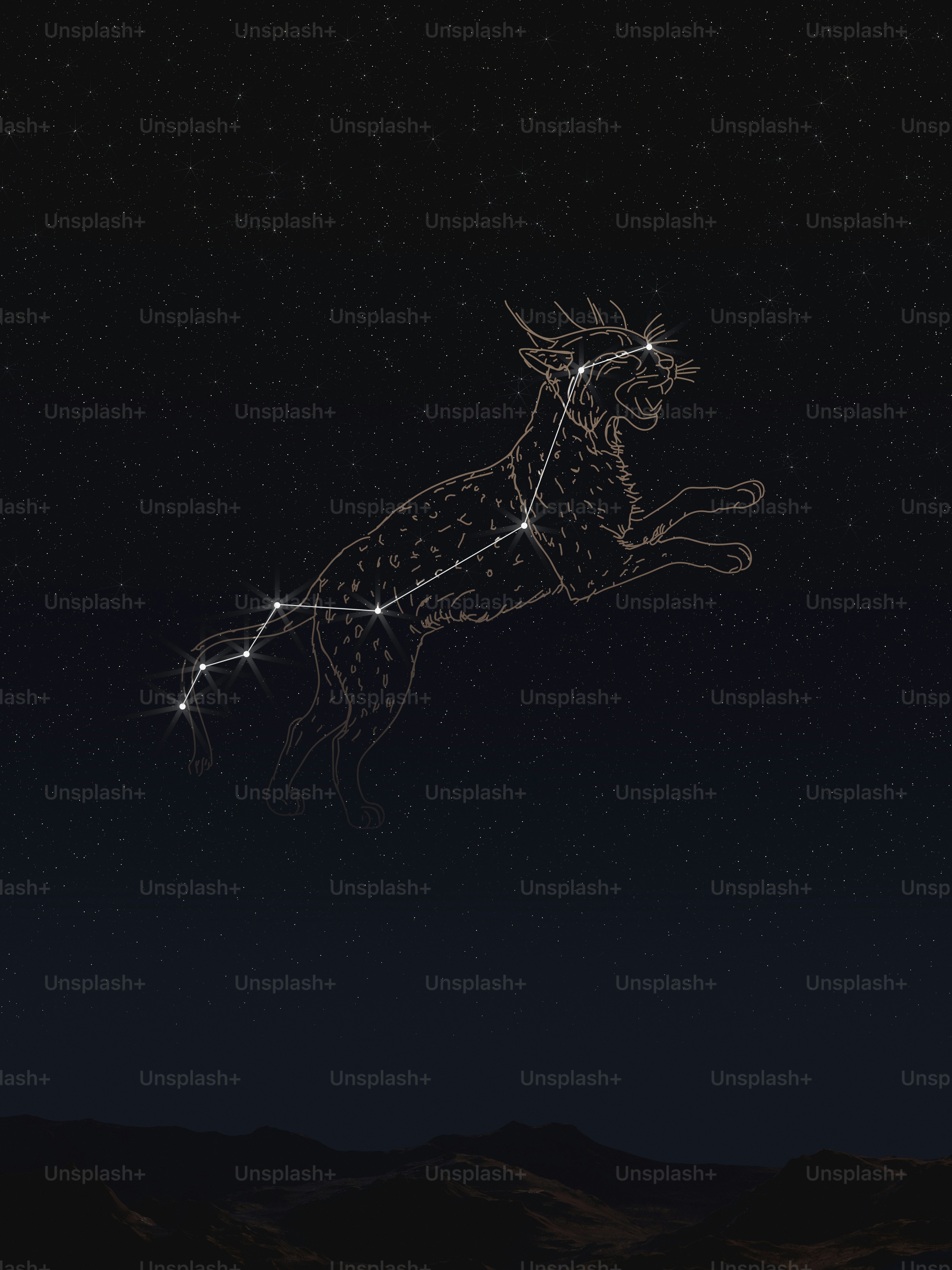 A drawing of a deer in the night sky