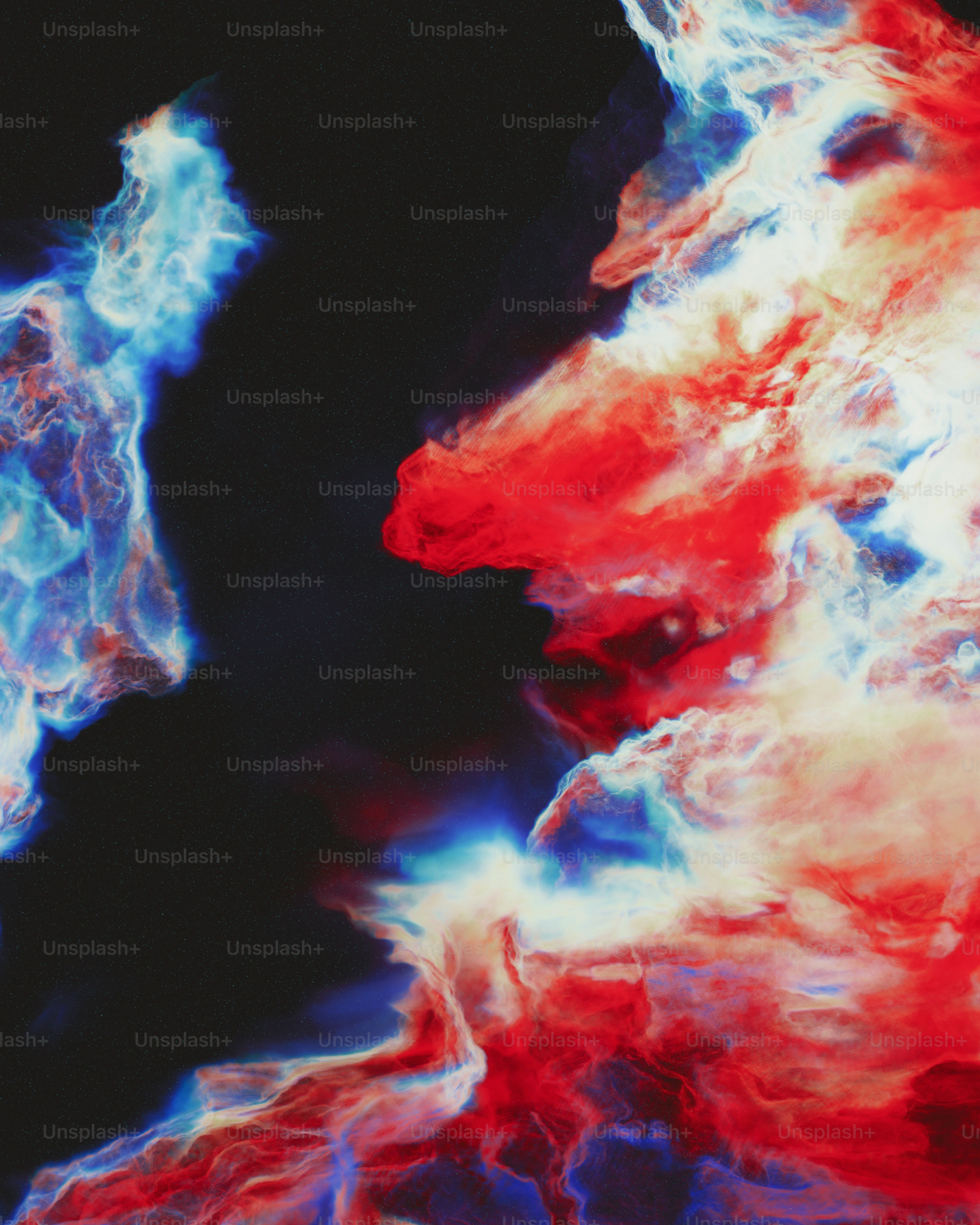 A red and blue abstract painting with a black background