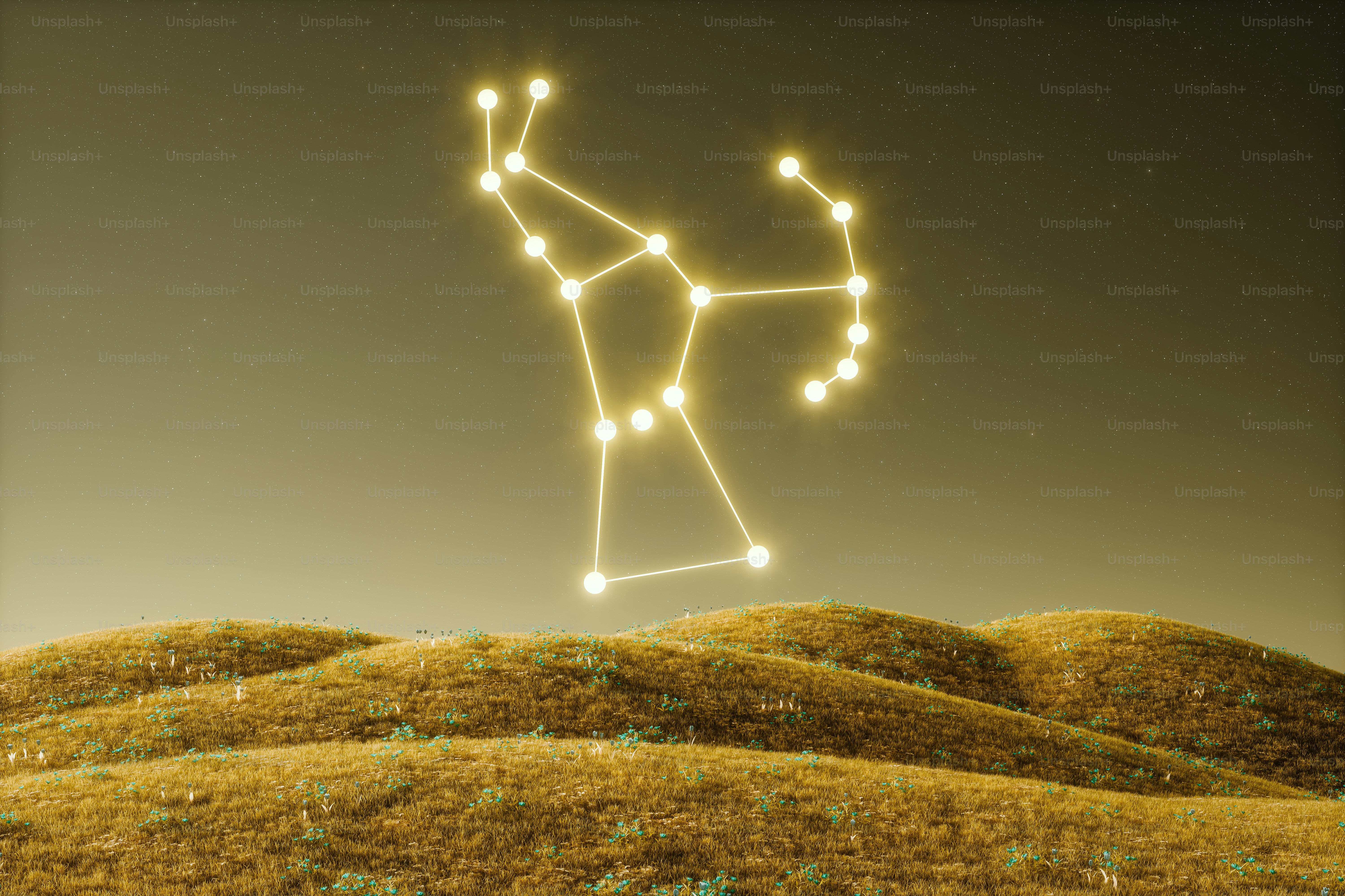 Colorful landscape with the Orion constellation in a starry sky. 3D render.