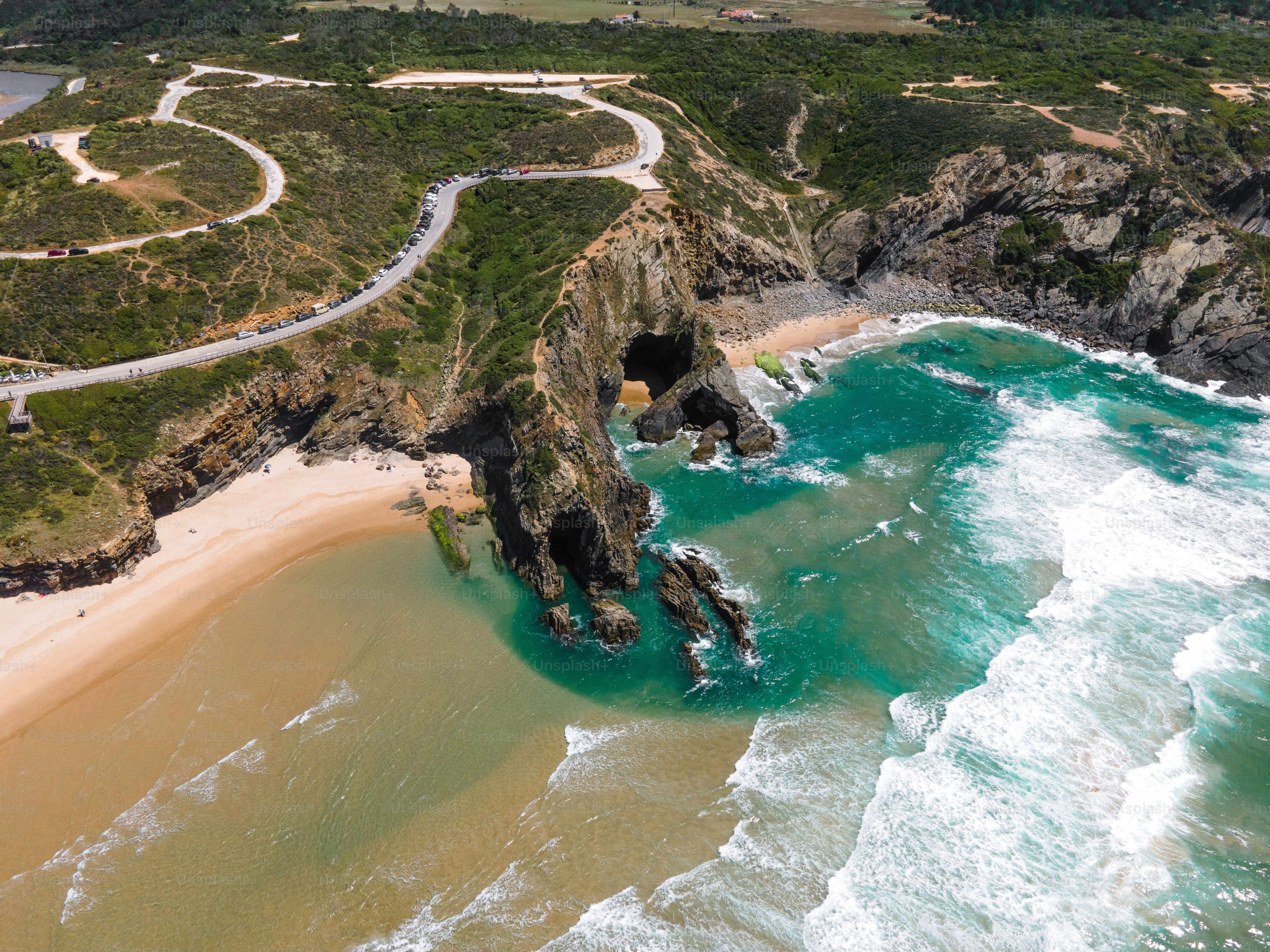 An aerial view of a beach and ocean