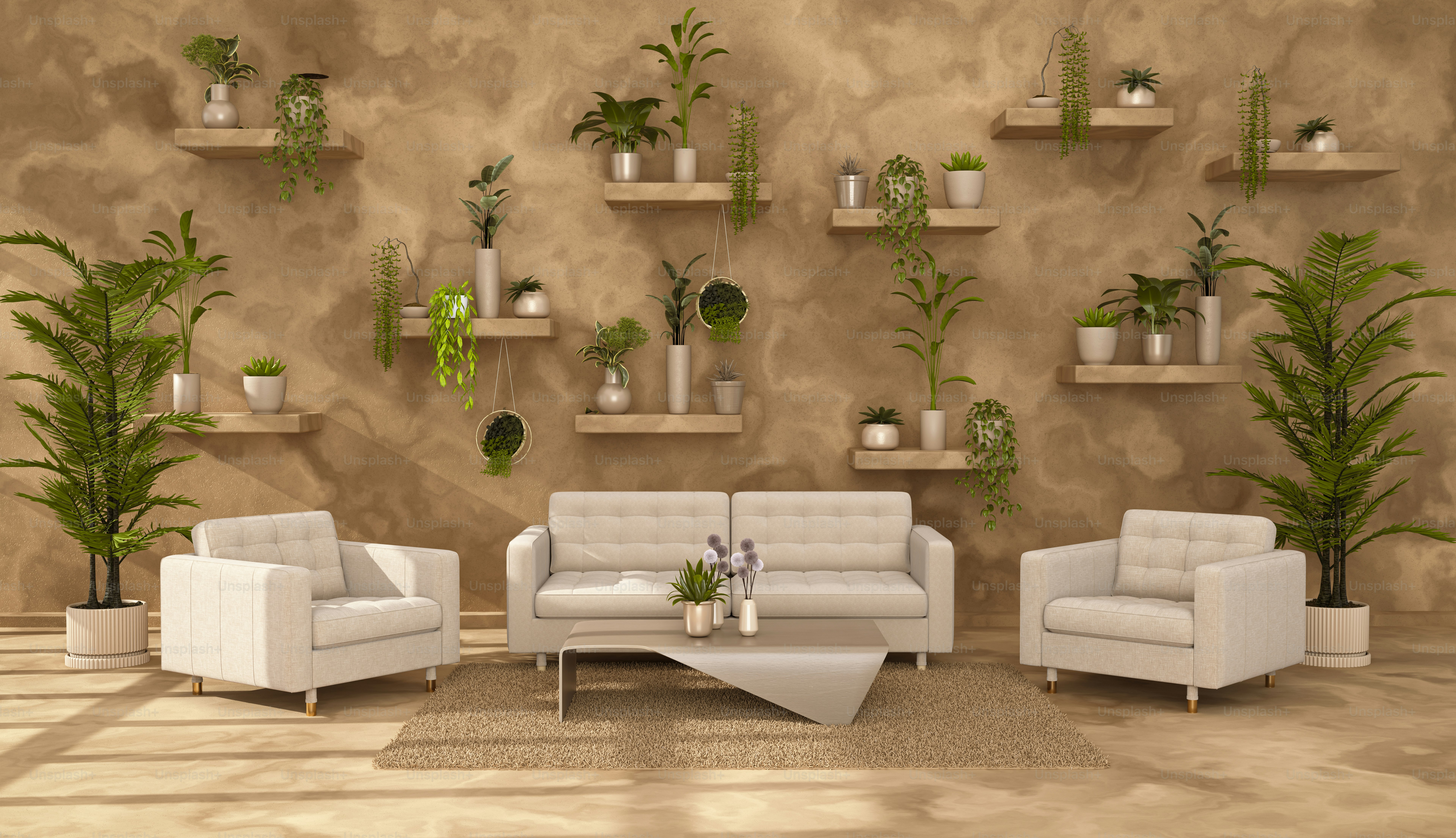 Modern living room with beige sofa and organic decor