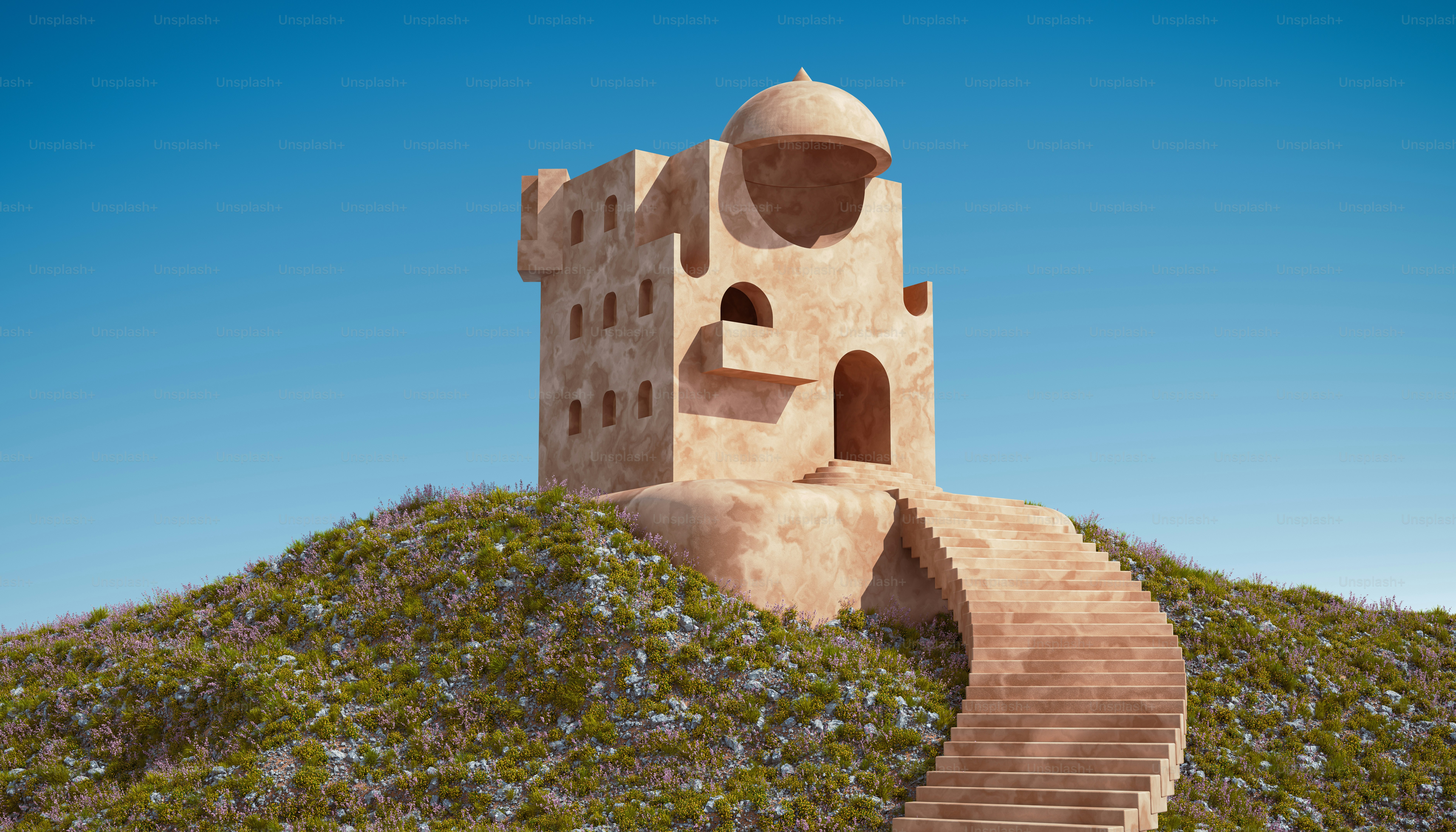 A sand castle sitting on top of a hill