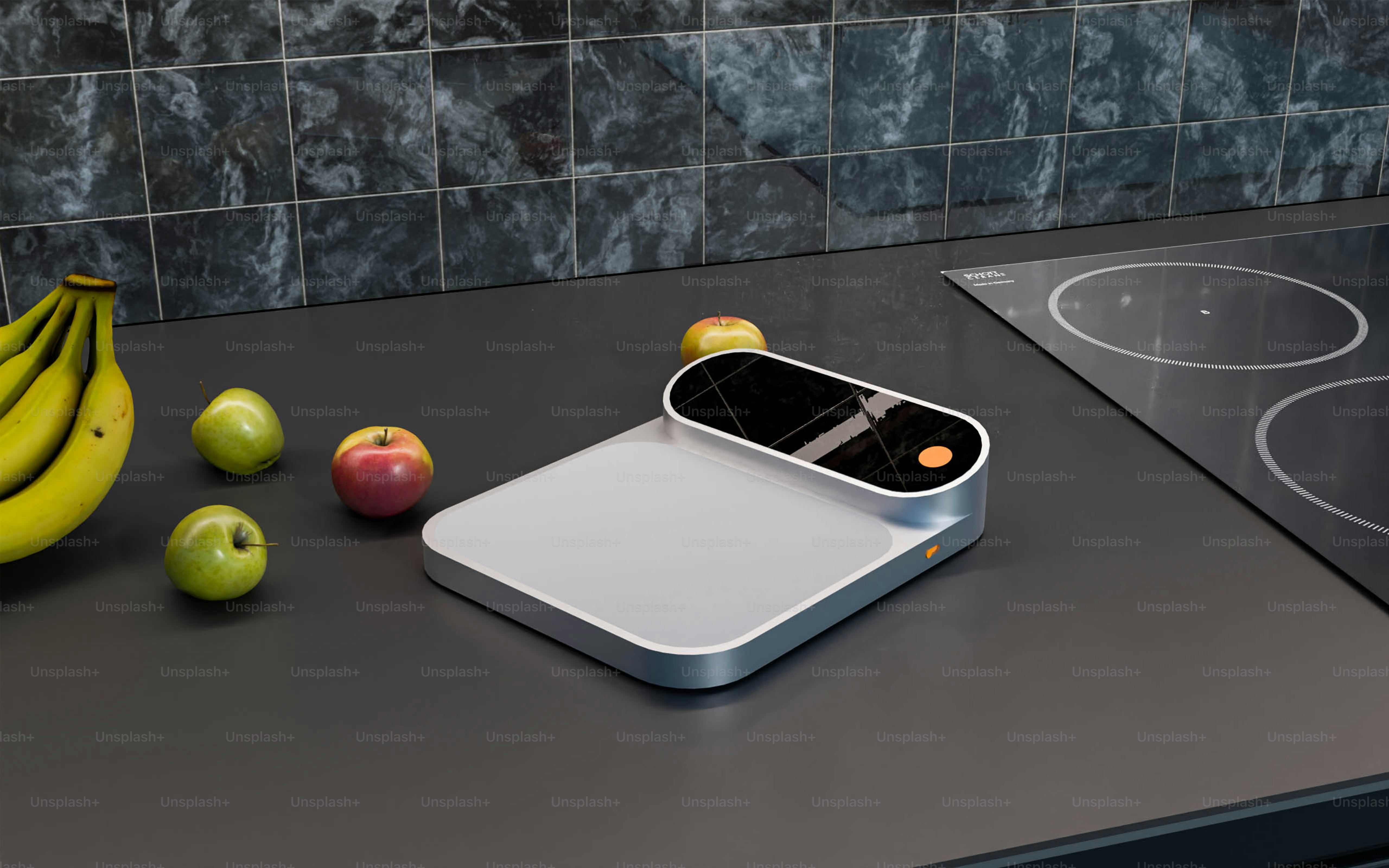 A kitchen counter with a scale, bananas, apples, and a knife