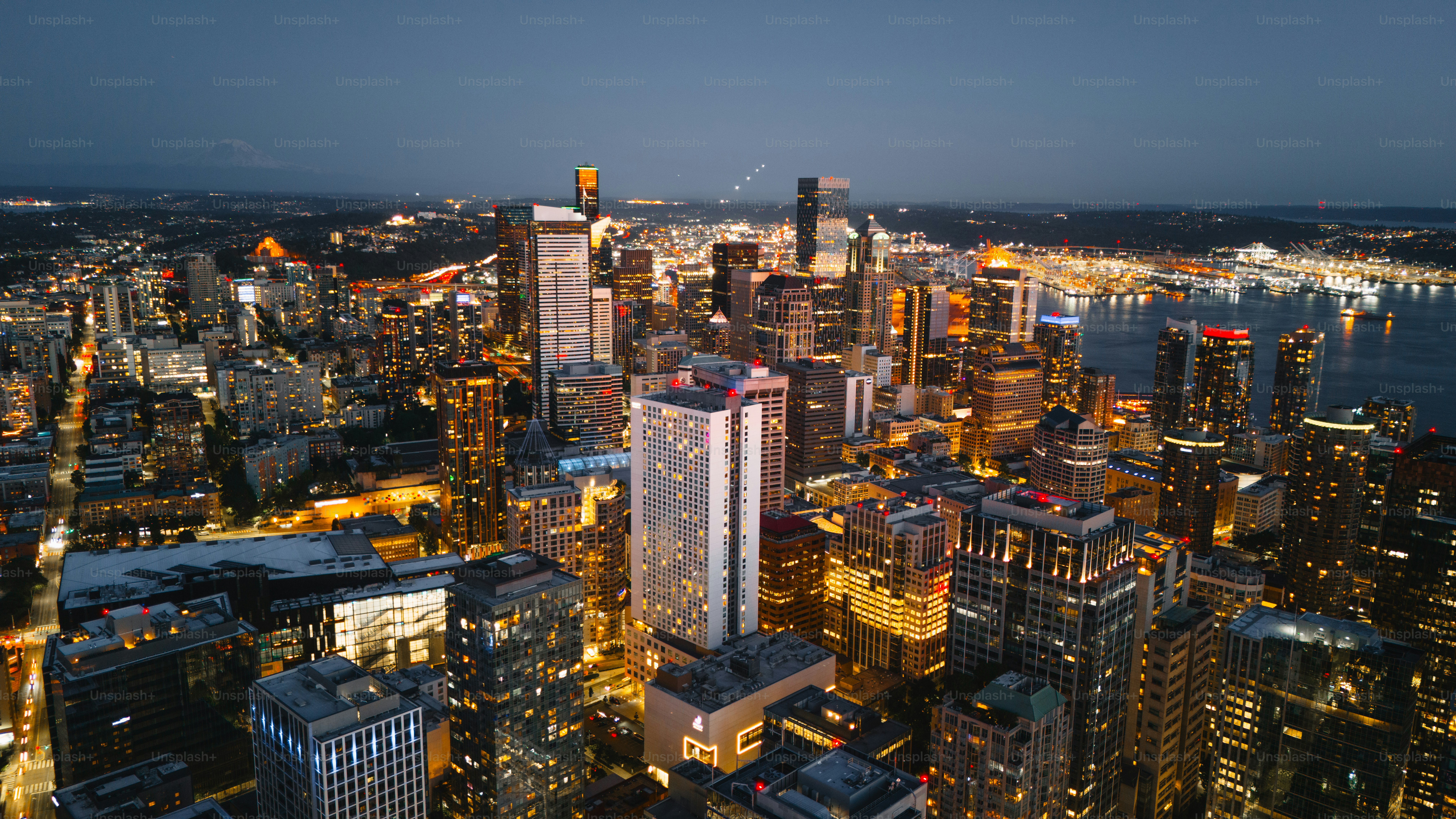 An aerial view of a city at night