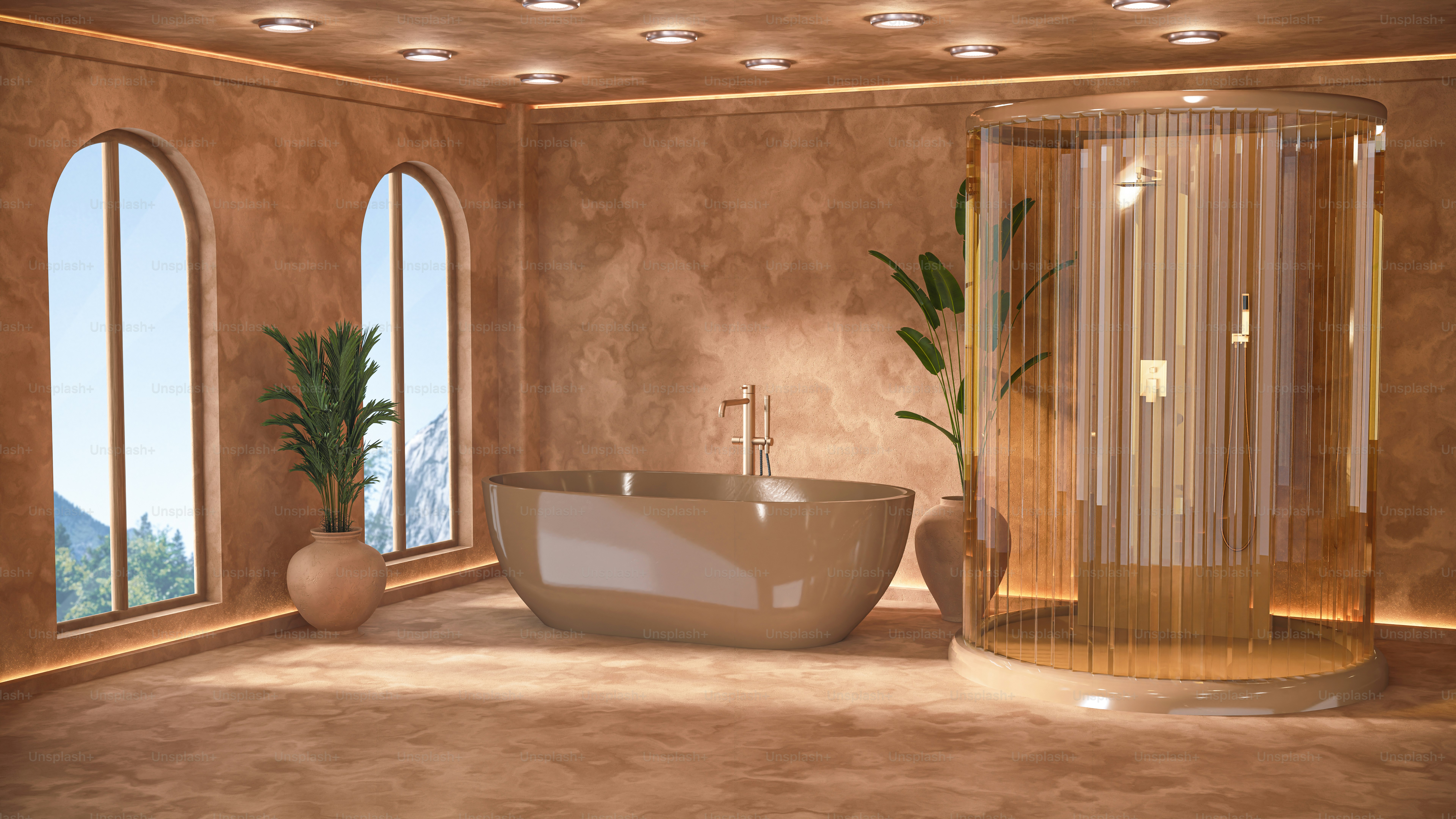 A bathroom with a large tub and a large window
