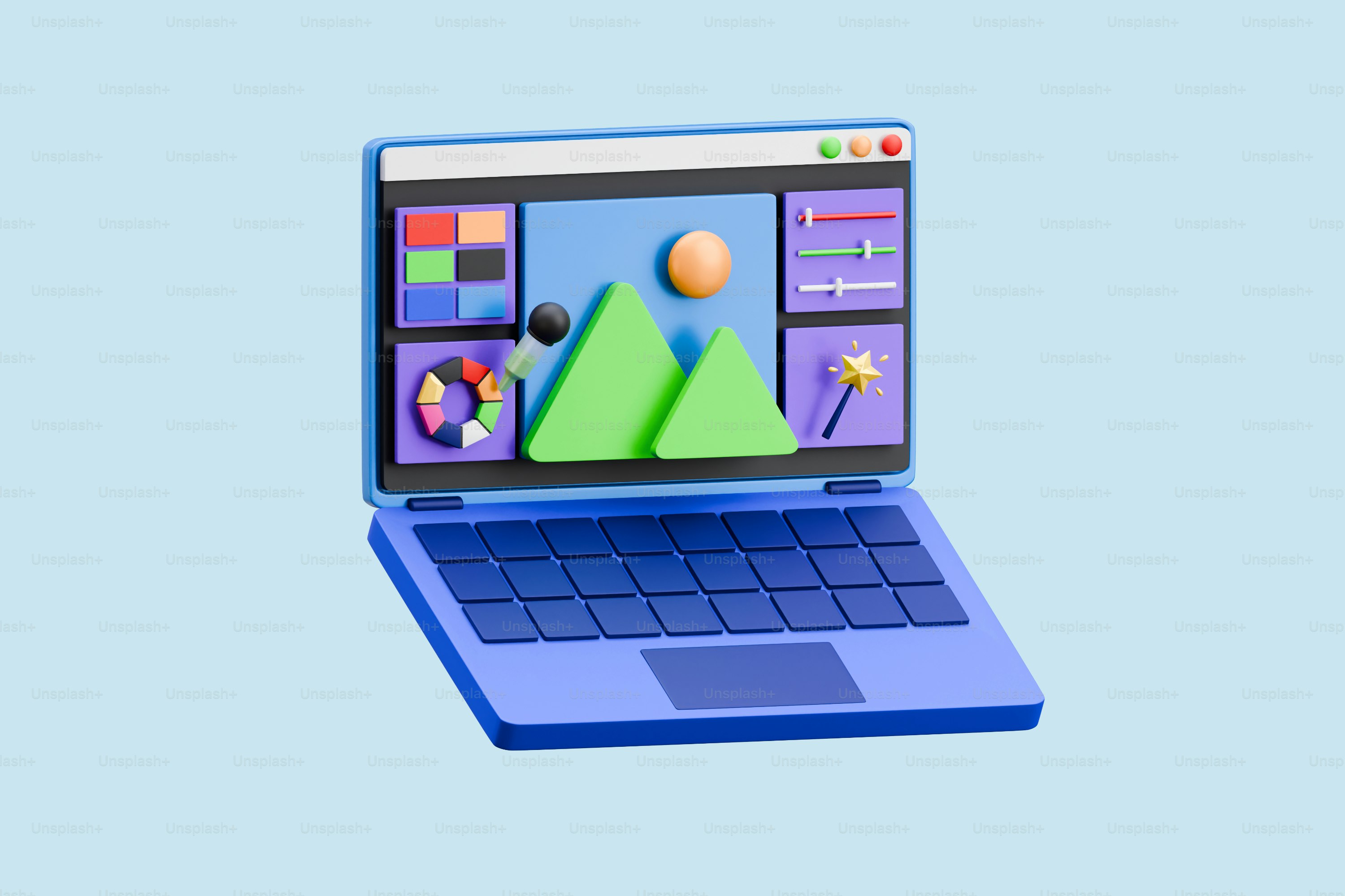 Komputer laptop dengan gambar gunung di layar