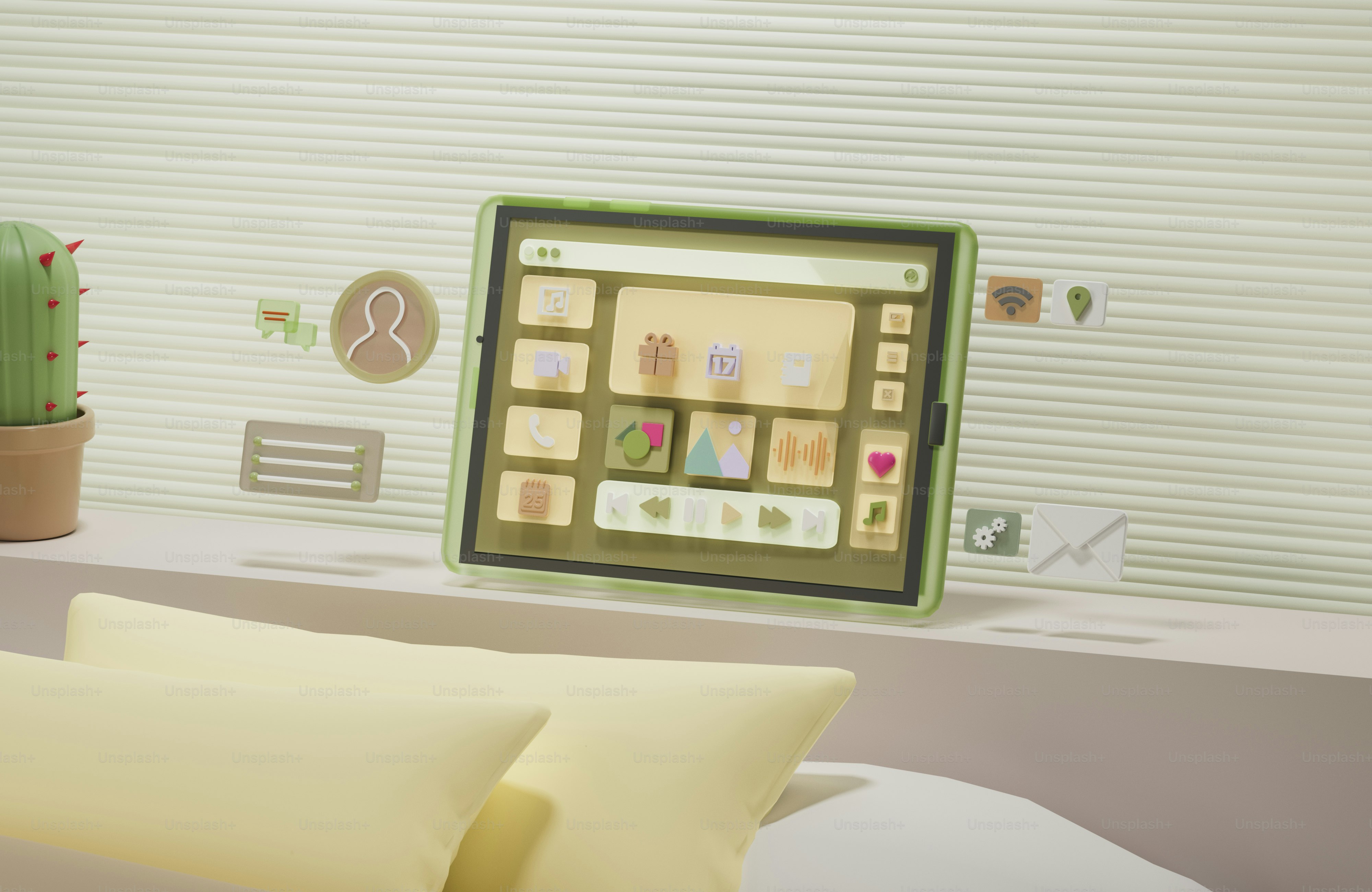 Ein Bett mit zwei Kissen und einem Monitor an der Wand