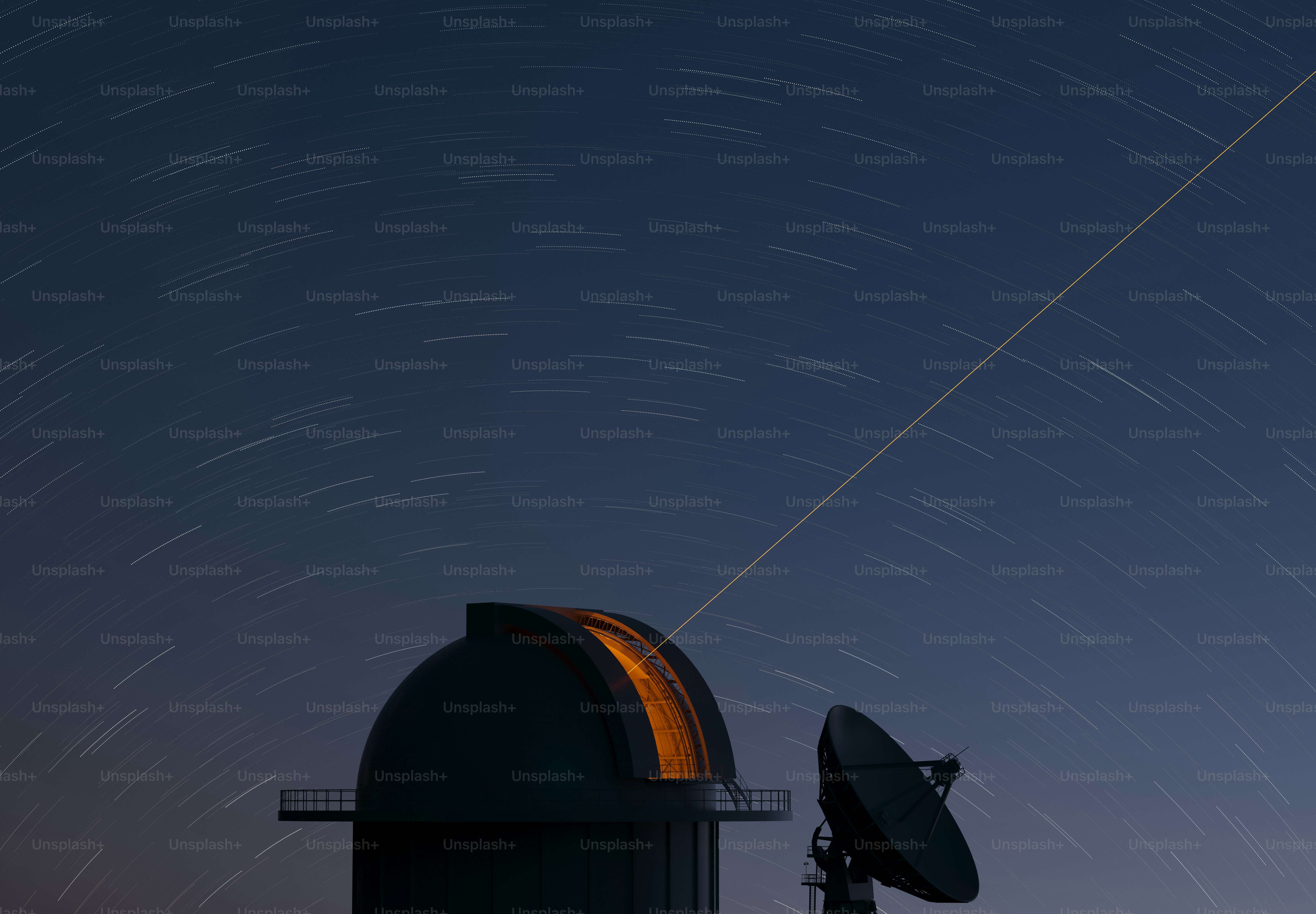 A satellite dish with a star trail in the background