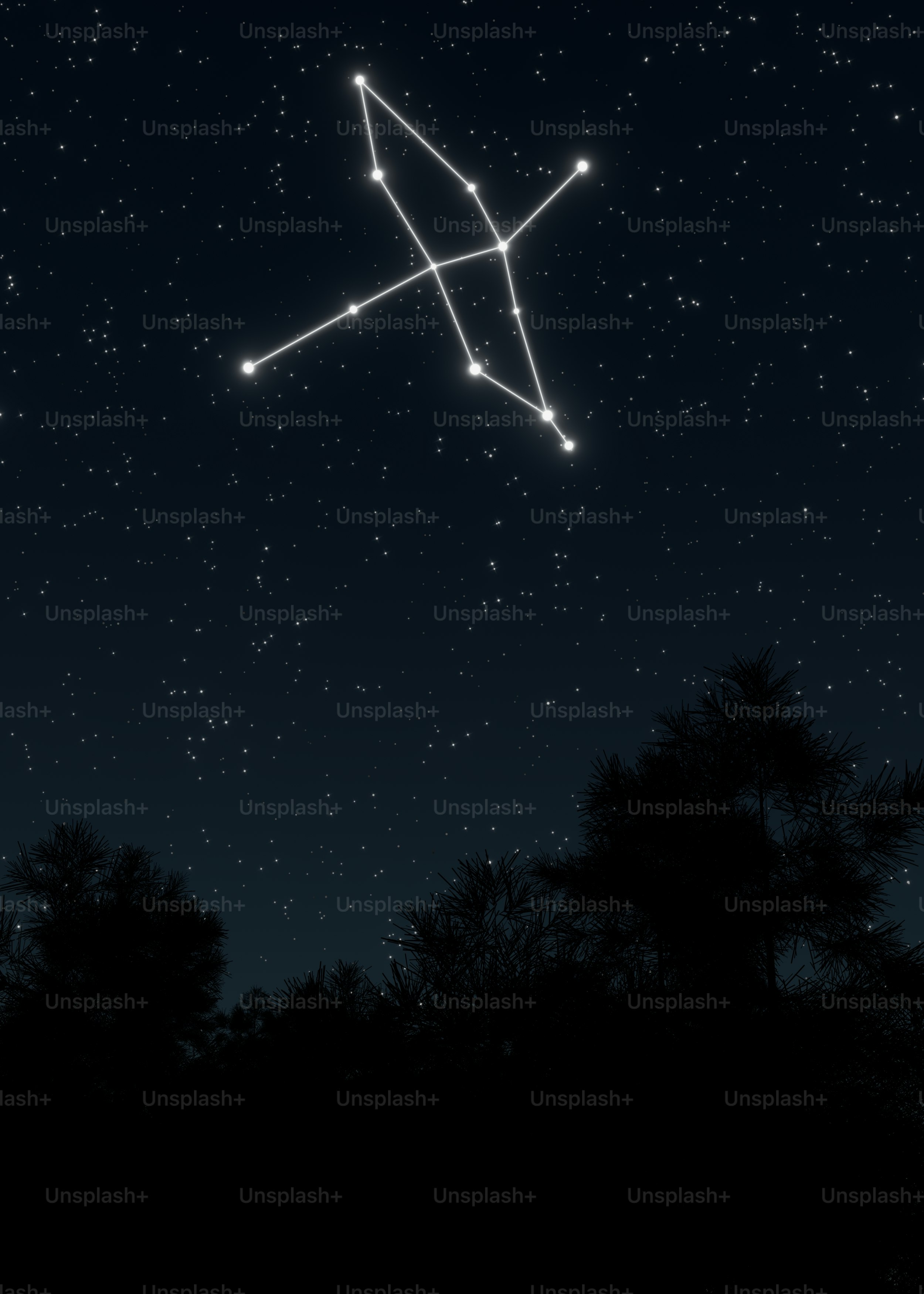 A star in the sky with trees in the foreground