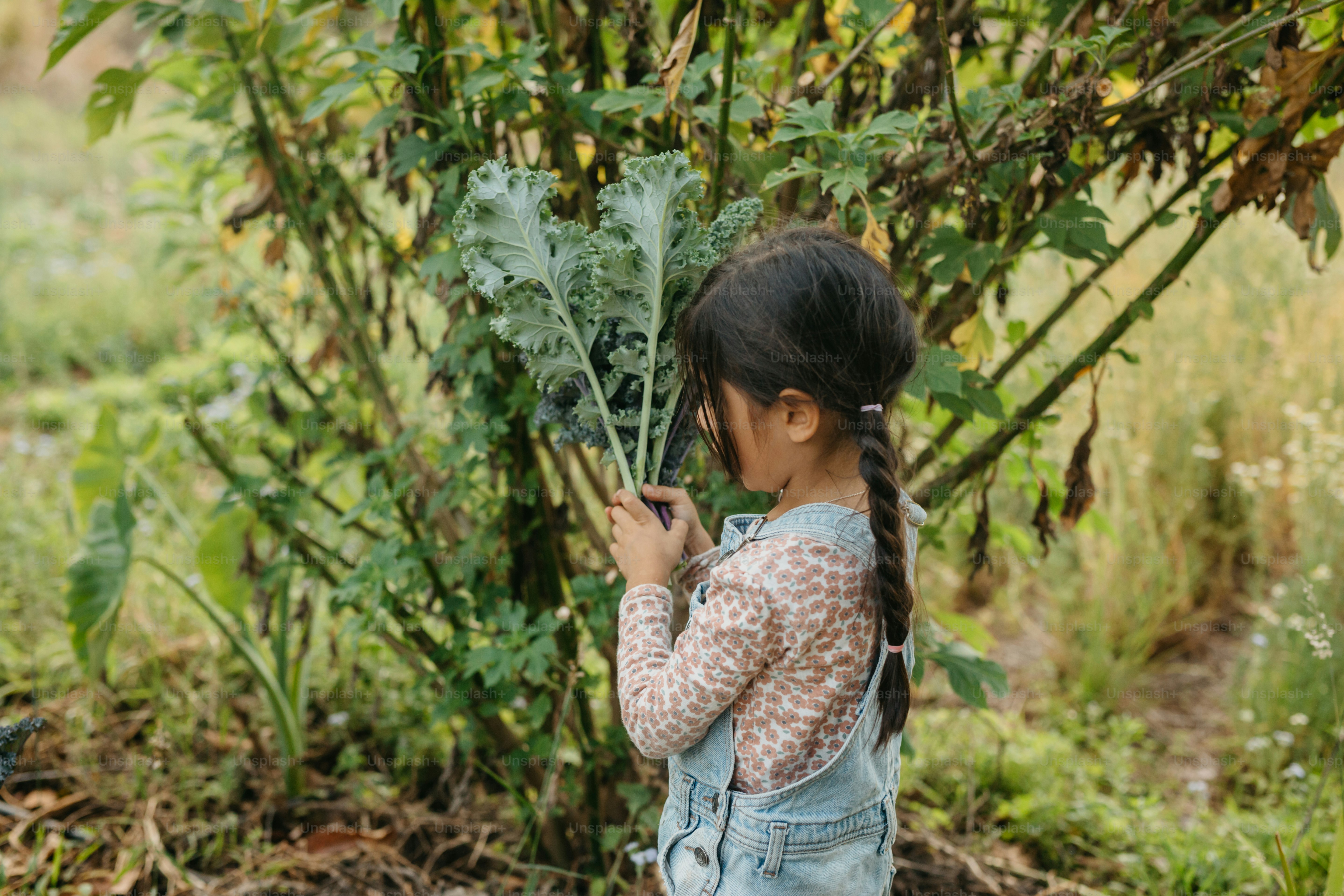 Una bambina in piedi davanti a un cespuglio