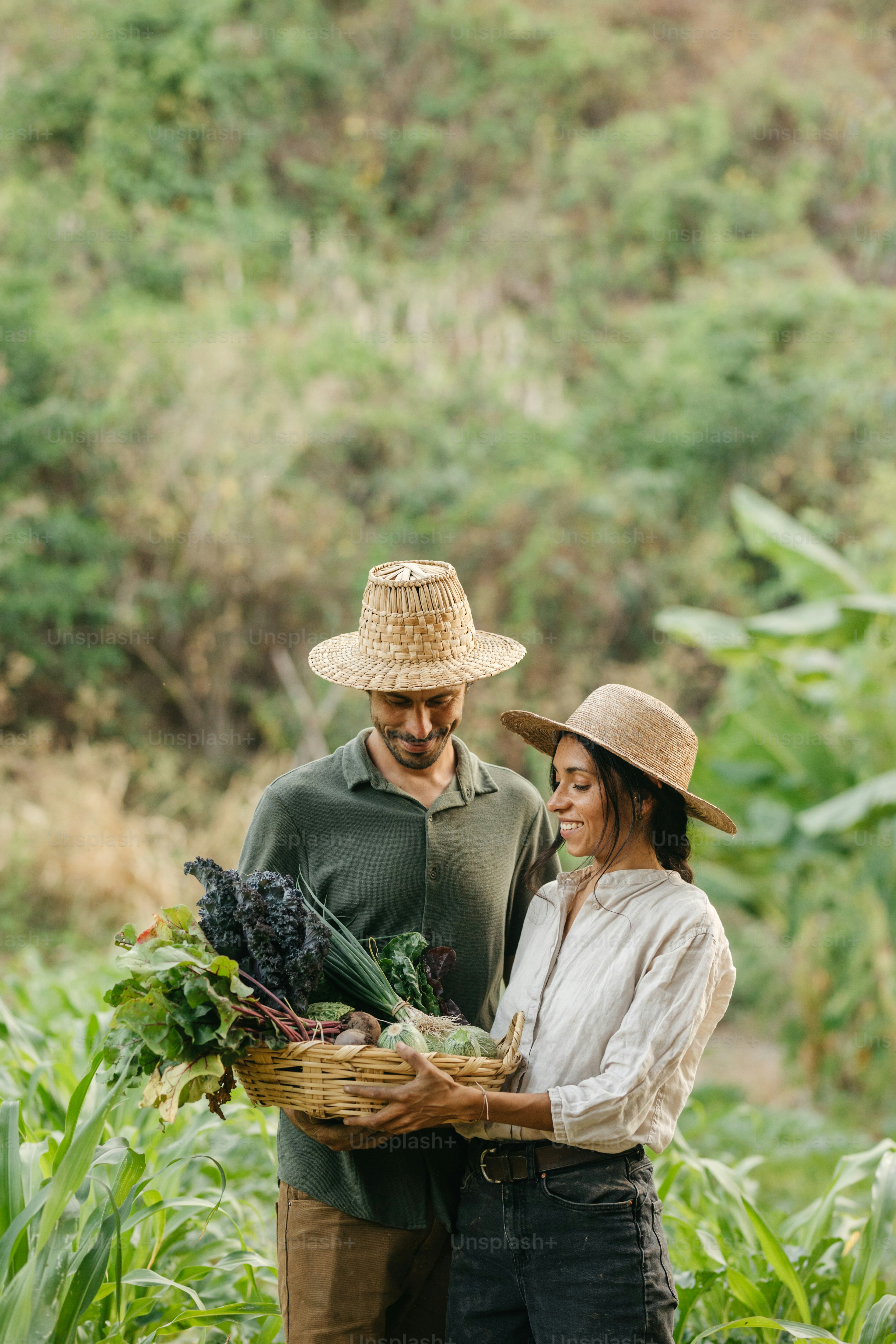 Un uomo e una donna che tengono un cesto di verdure