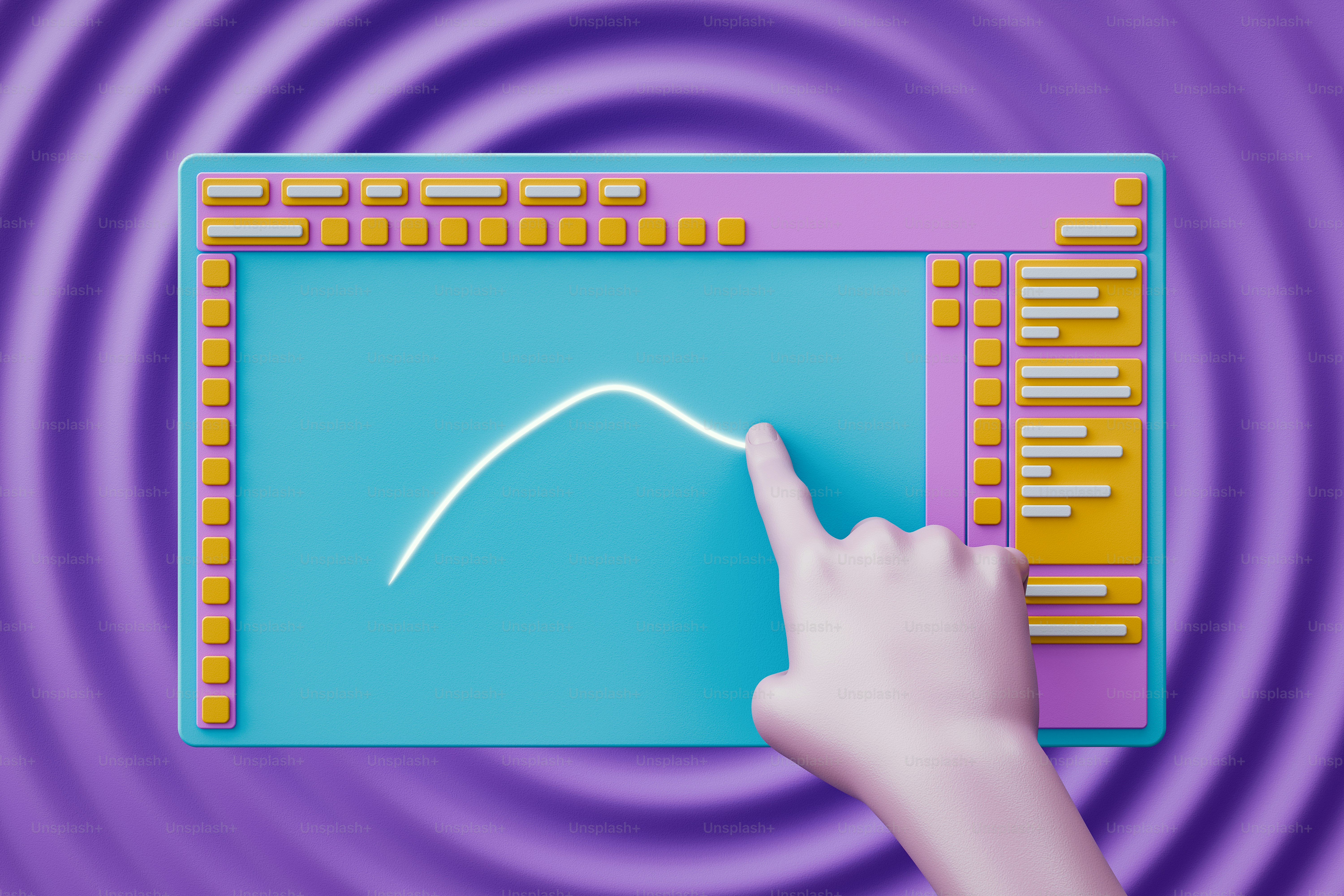 A hand pointing at a screen with a curve on it