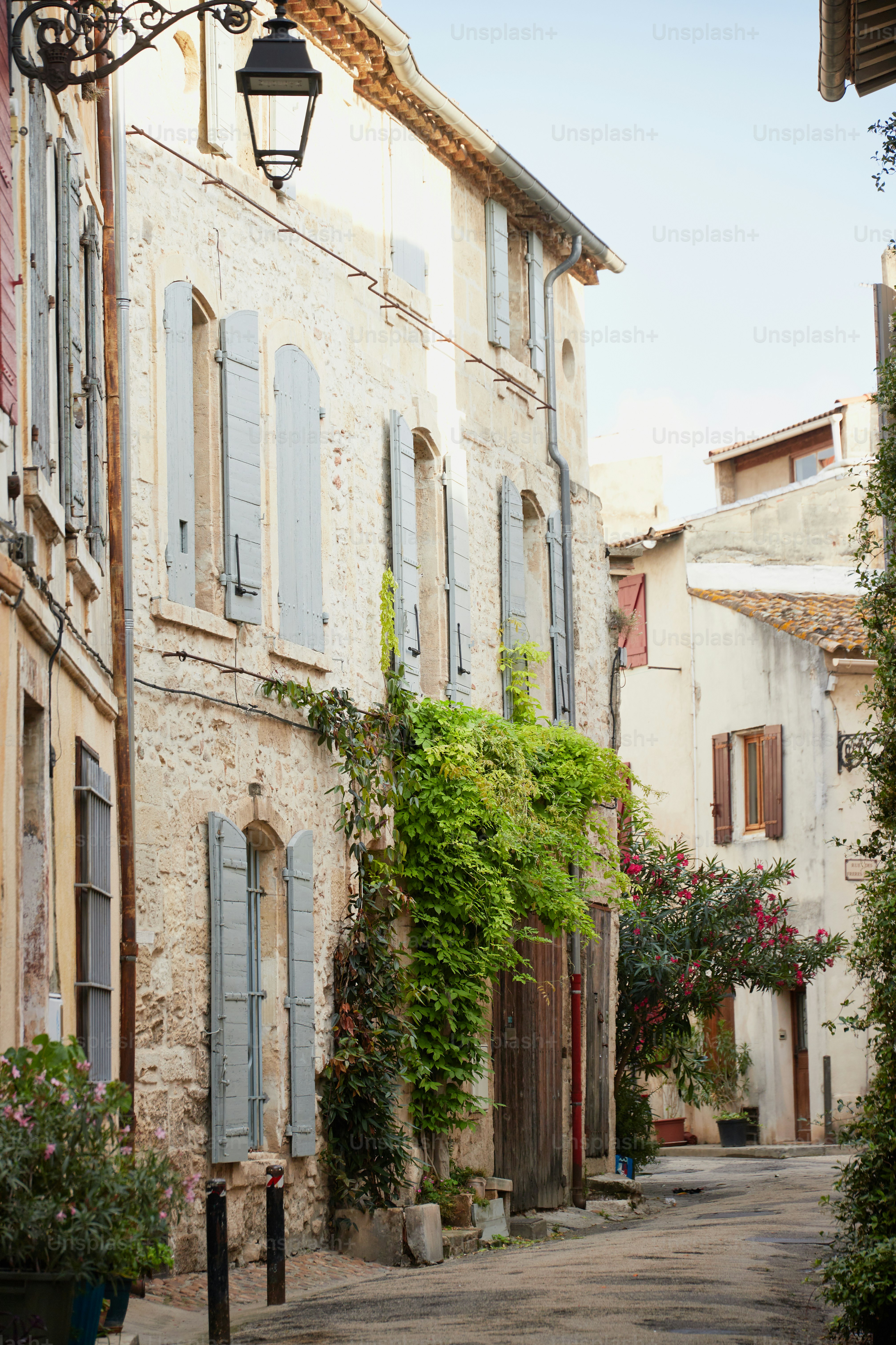 An alley way with a lamp post and flowers