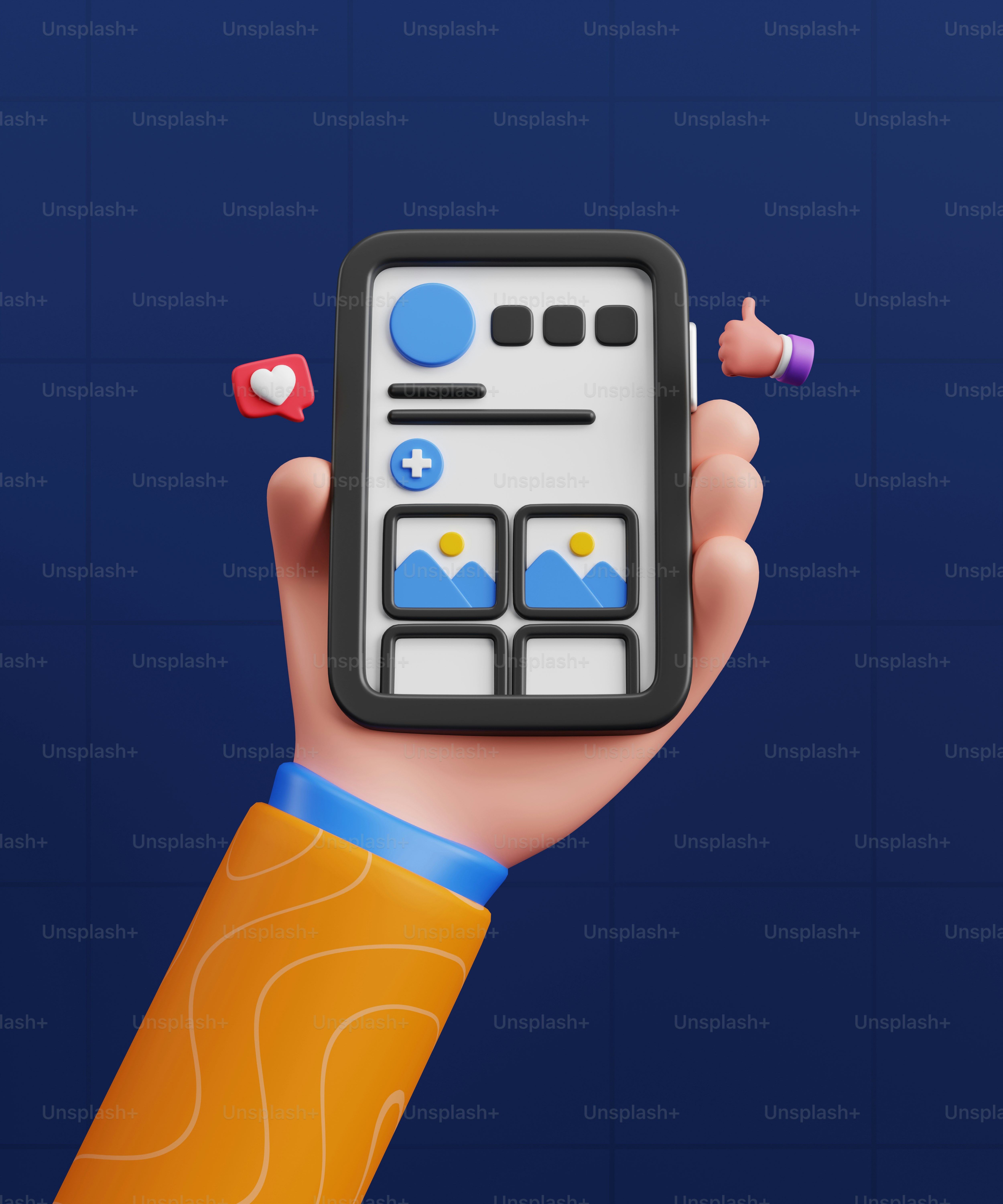 A hand holding a smart phone with icons coming out of it