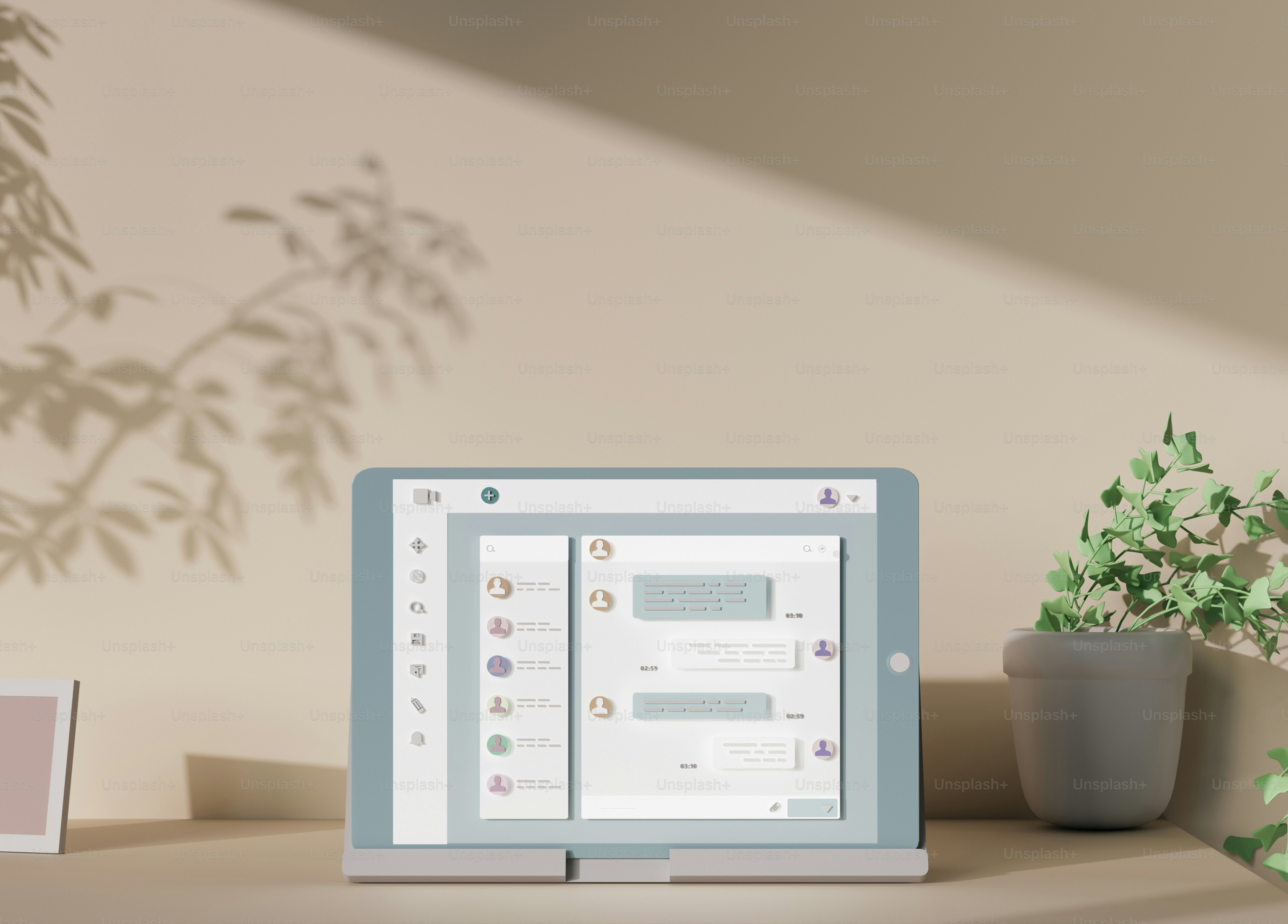 Una computadora portátil encima de un escritorio junto a una planta en maceta