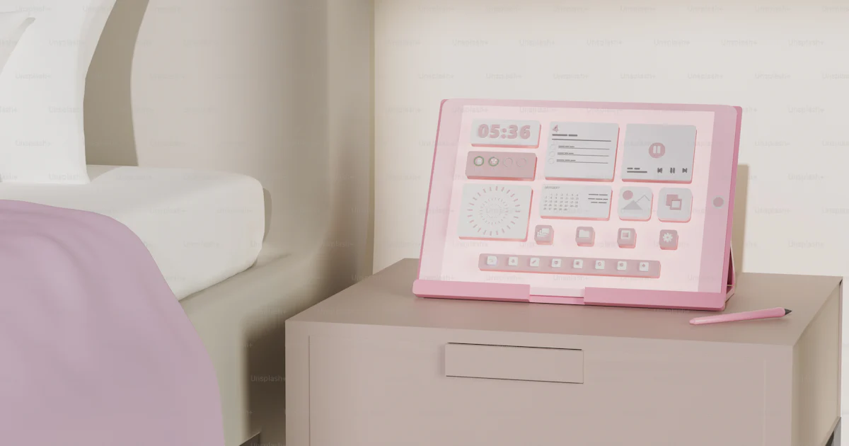 A pink electronic device sitting on top of a nightstand photo – Social ...