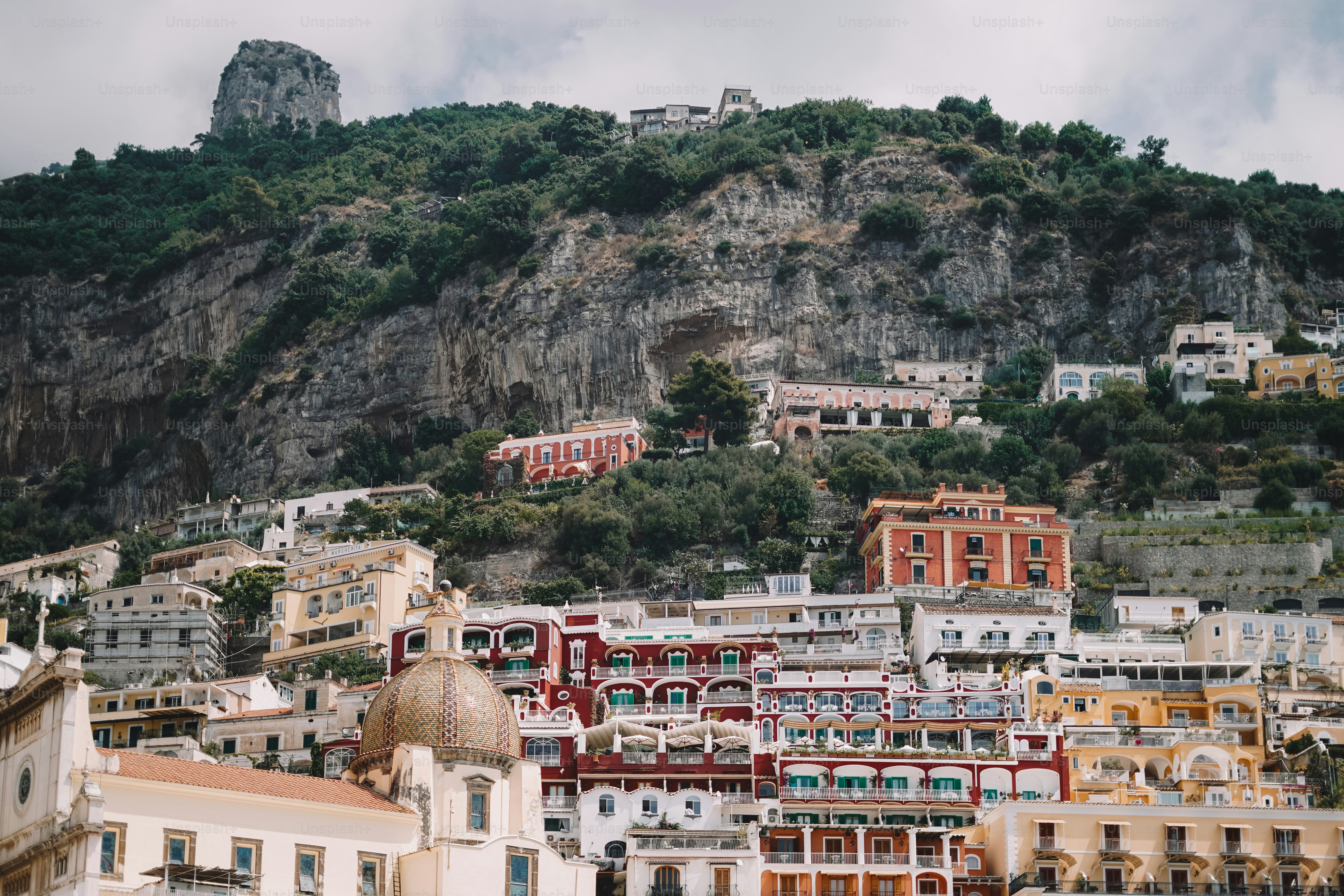 A view of a city with a mountain in the background
