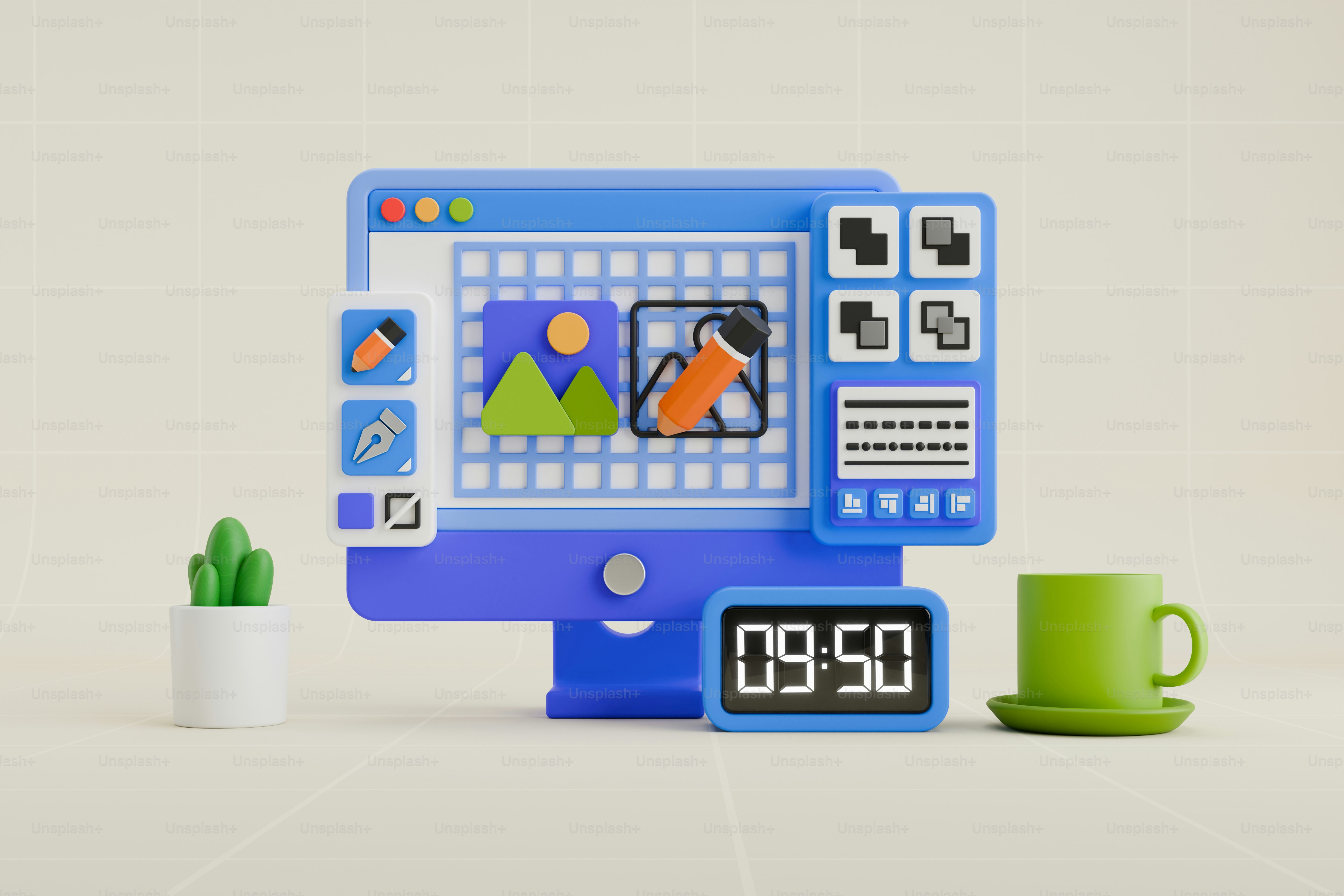 Un orologio digitale seduto accanto al monitor di un computer