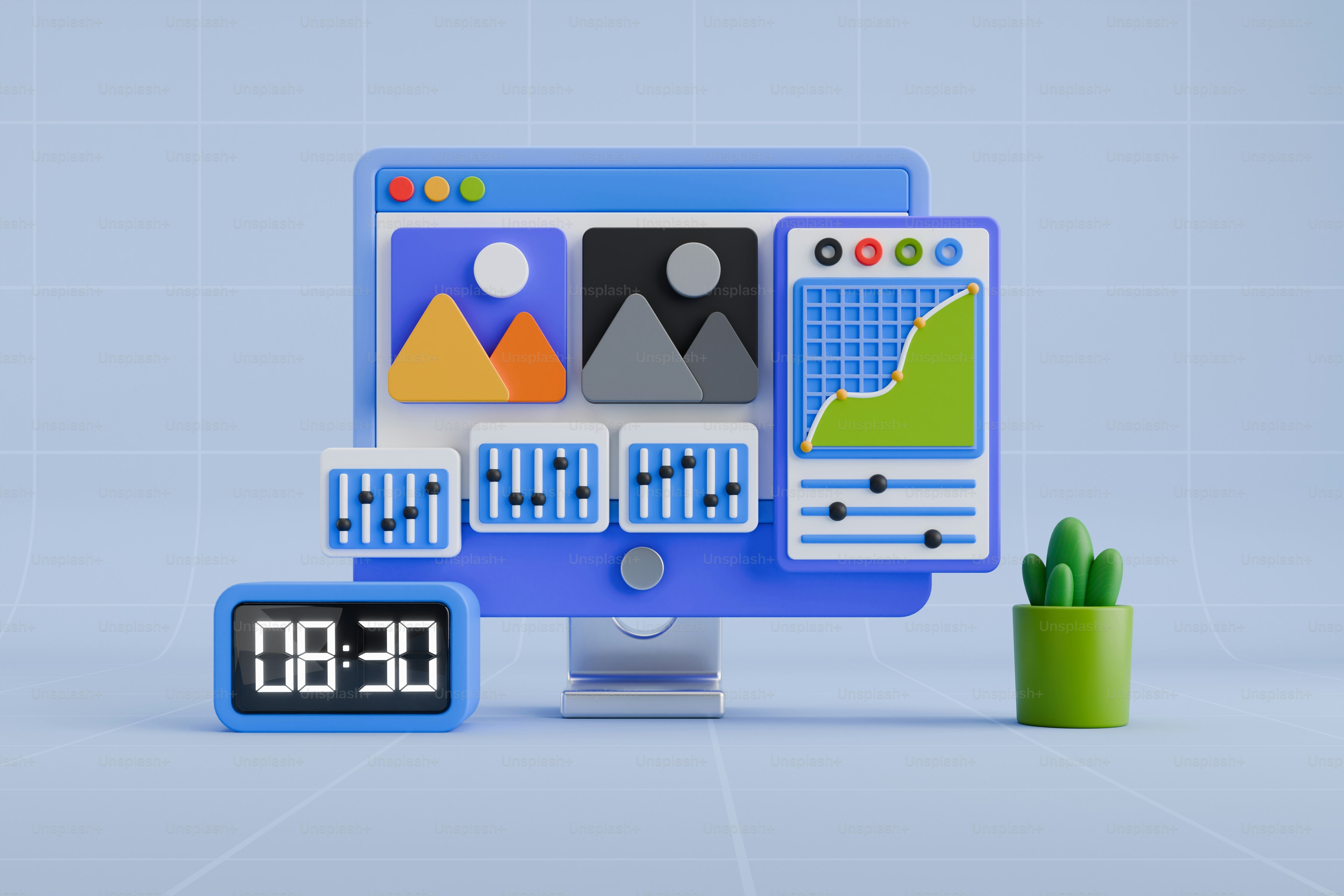 A computer monitor sitting next to a clock