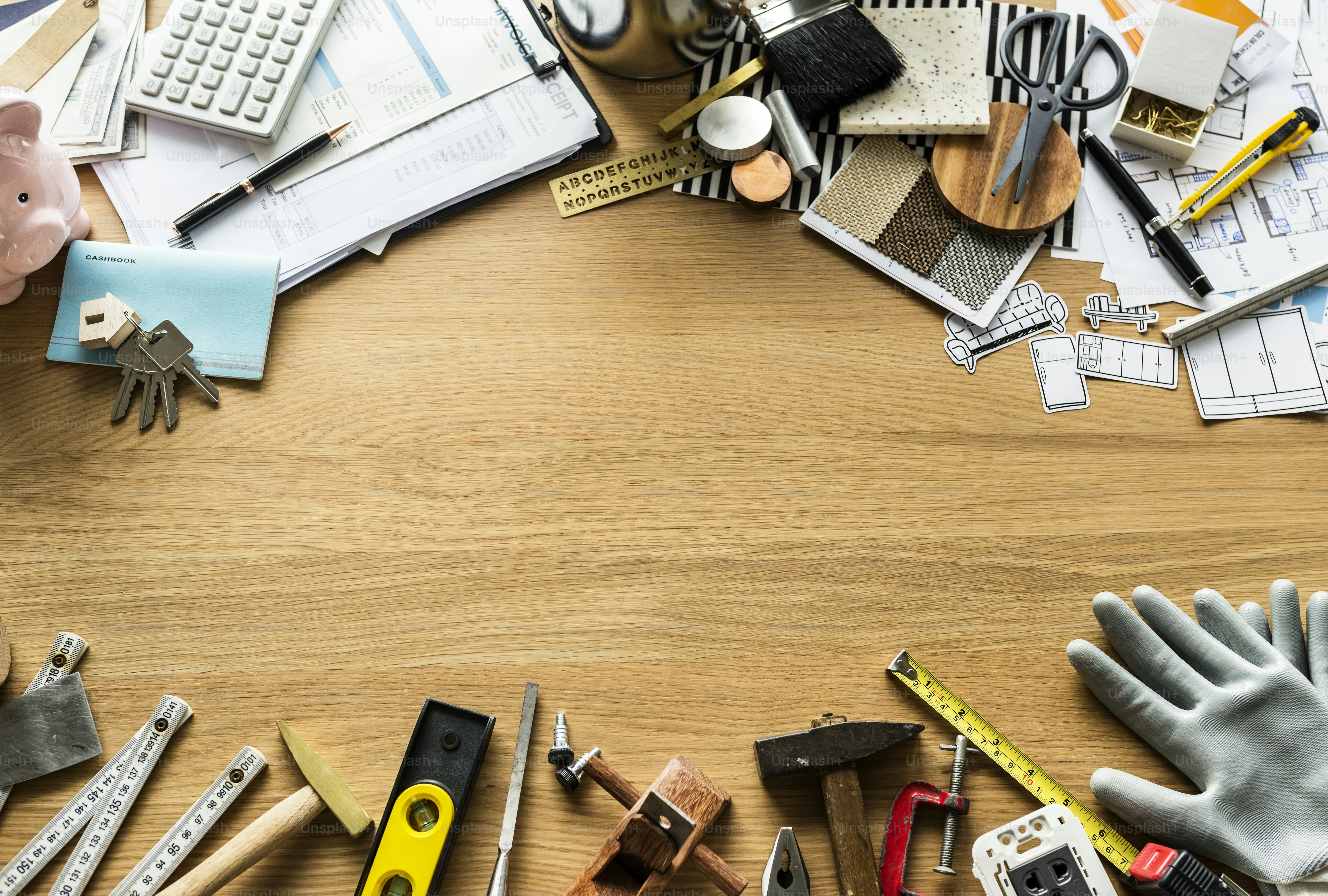 Flat lay of various technician tools isolated