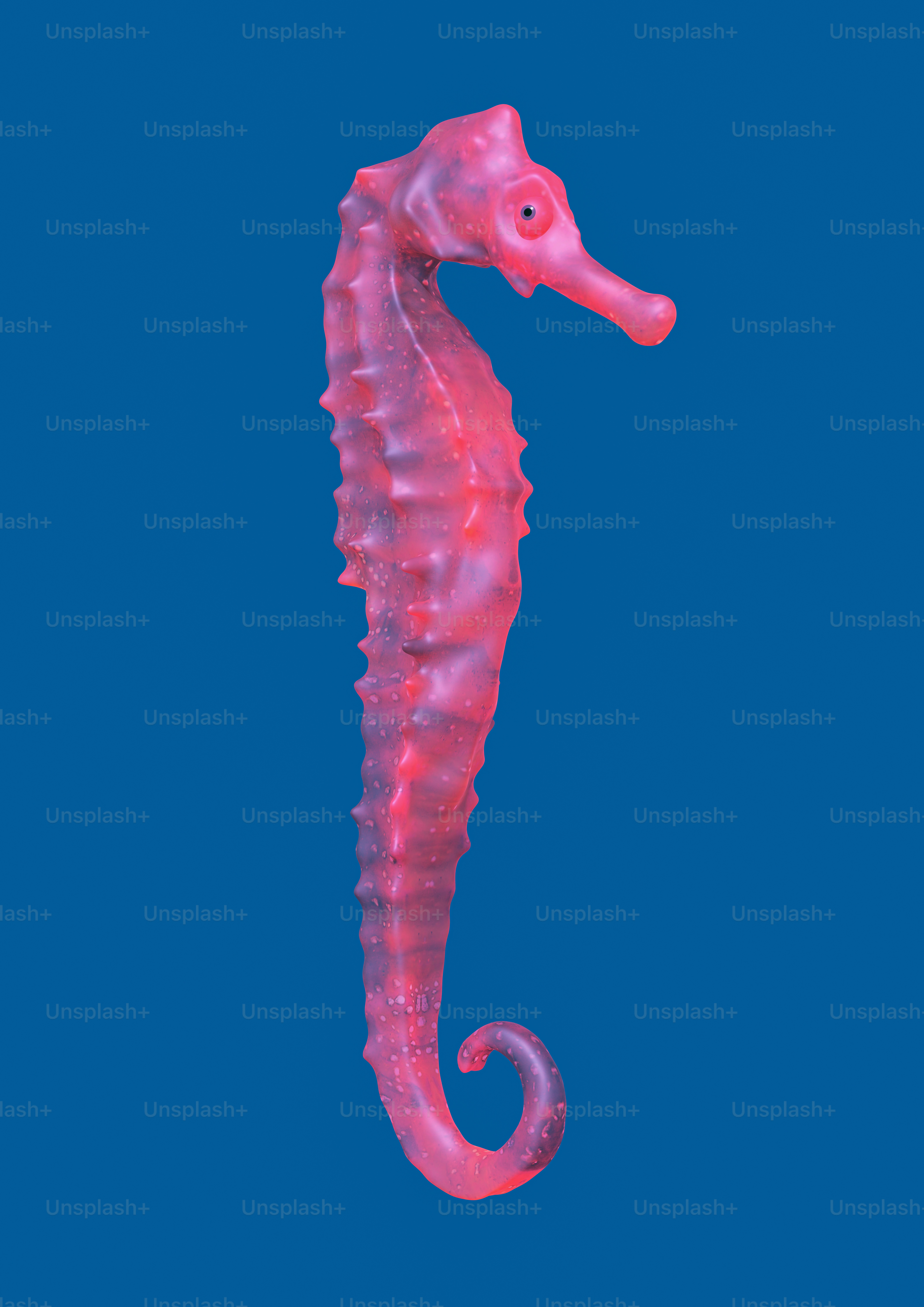 A pink sea horse standing up against a blue background