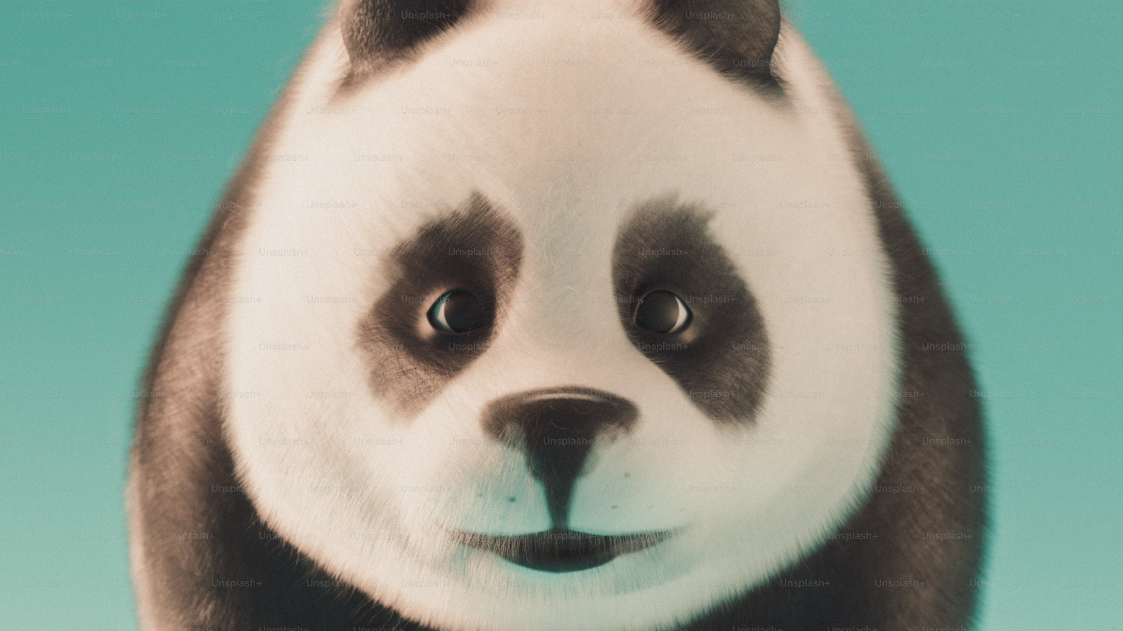 A black and white panda bear with a blue background