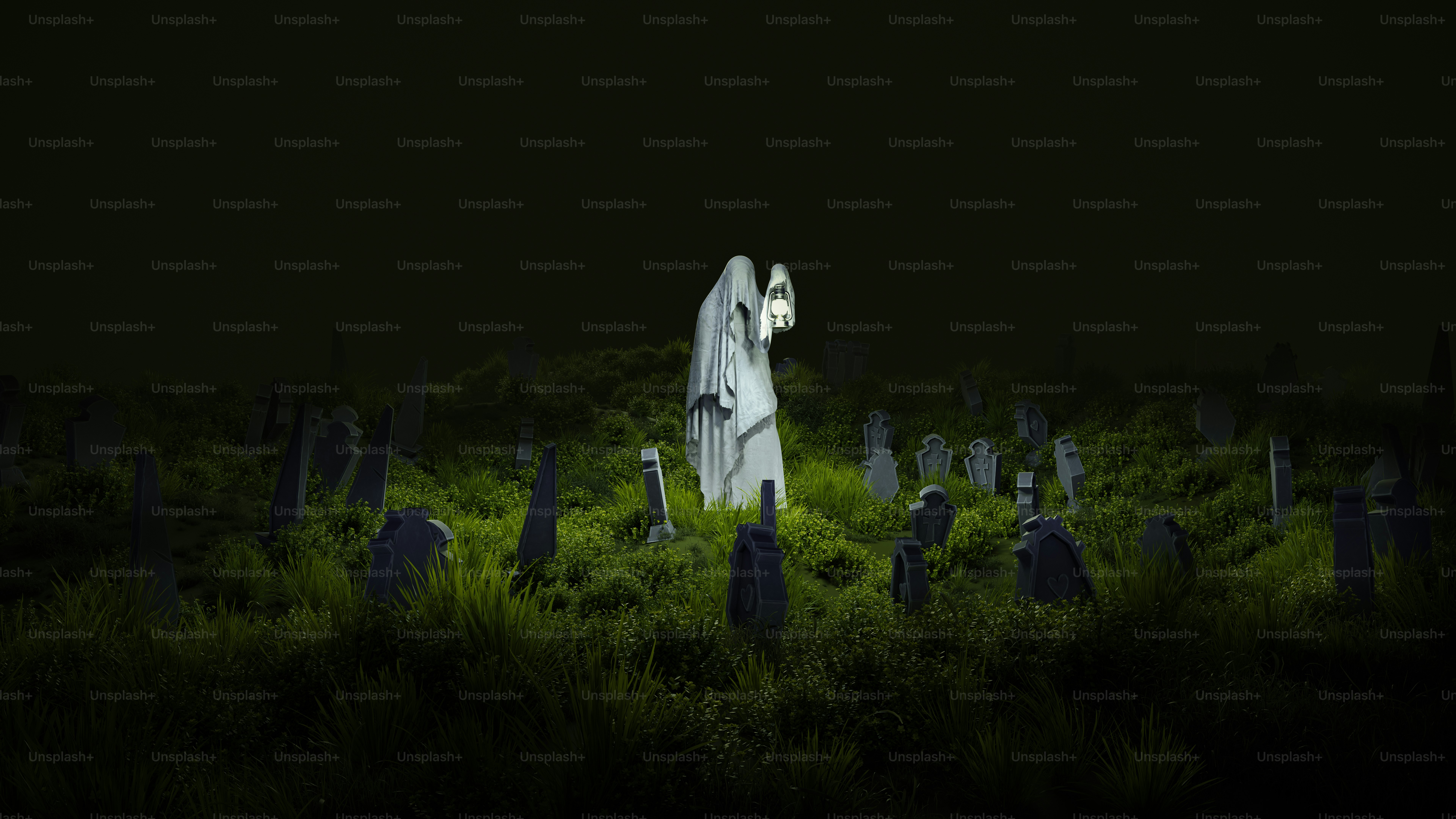 夜の墓地に佇む幽霊のような人物