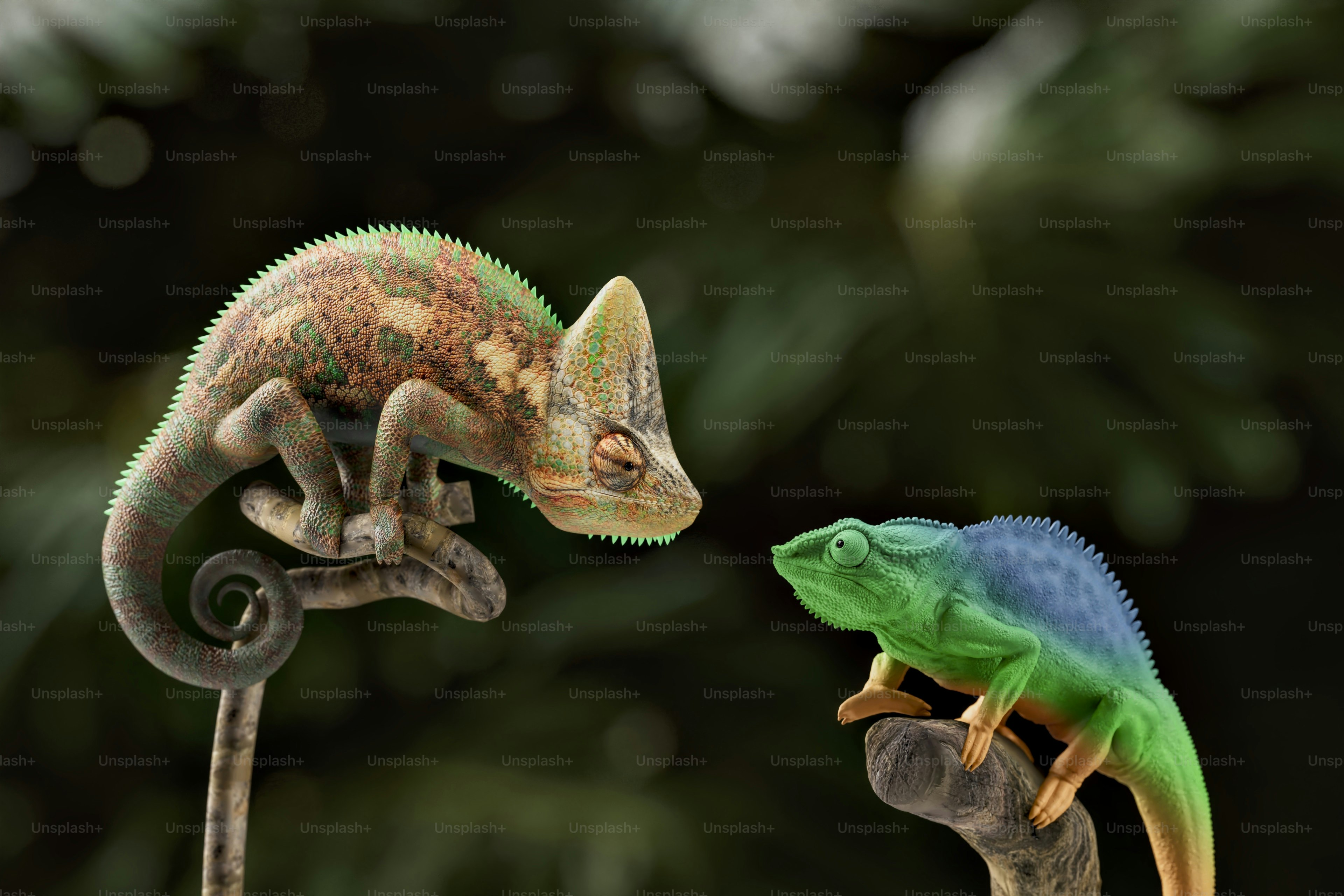 A green and a blue chamelon on a branch