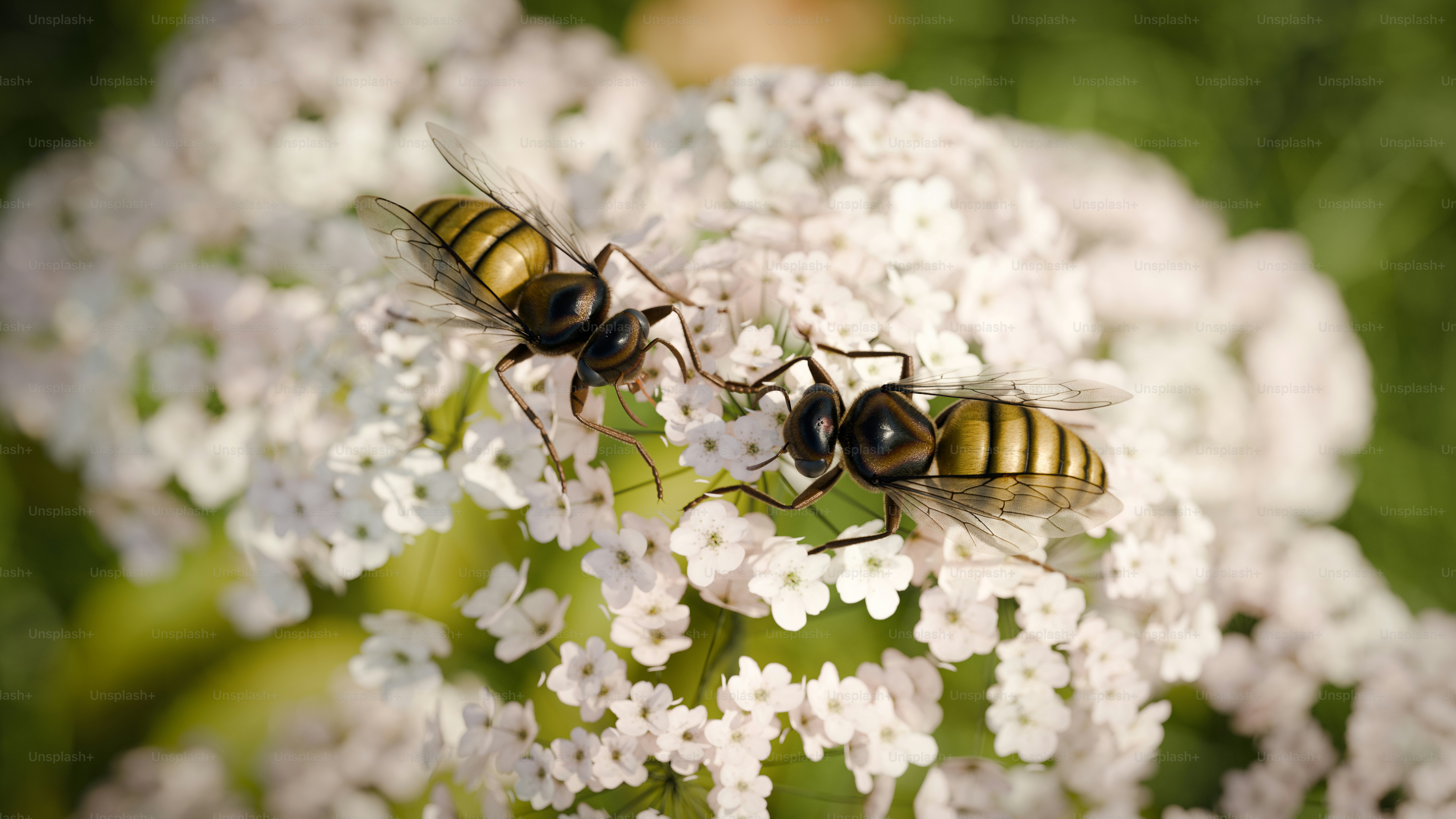 Zwei Bienen sitzen auf weißen Blüten