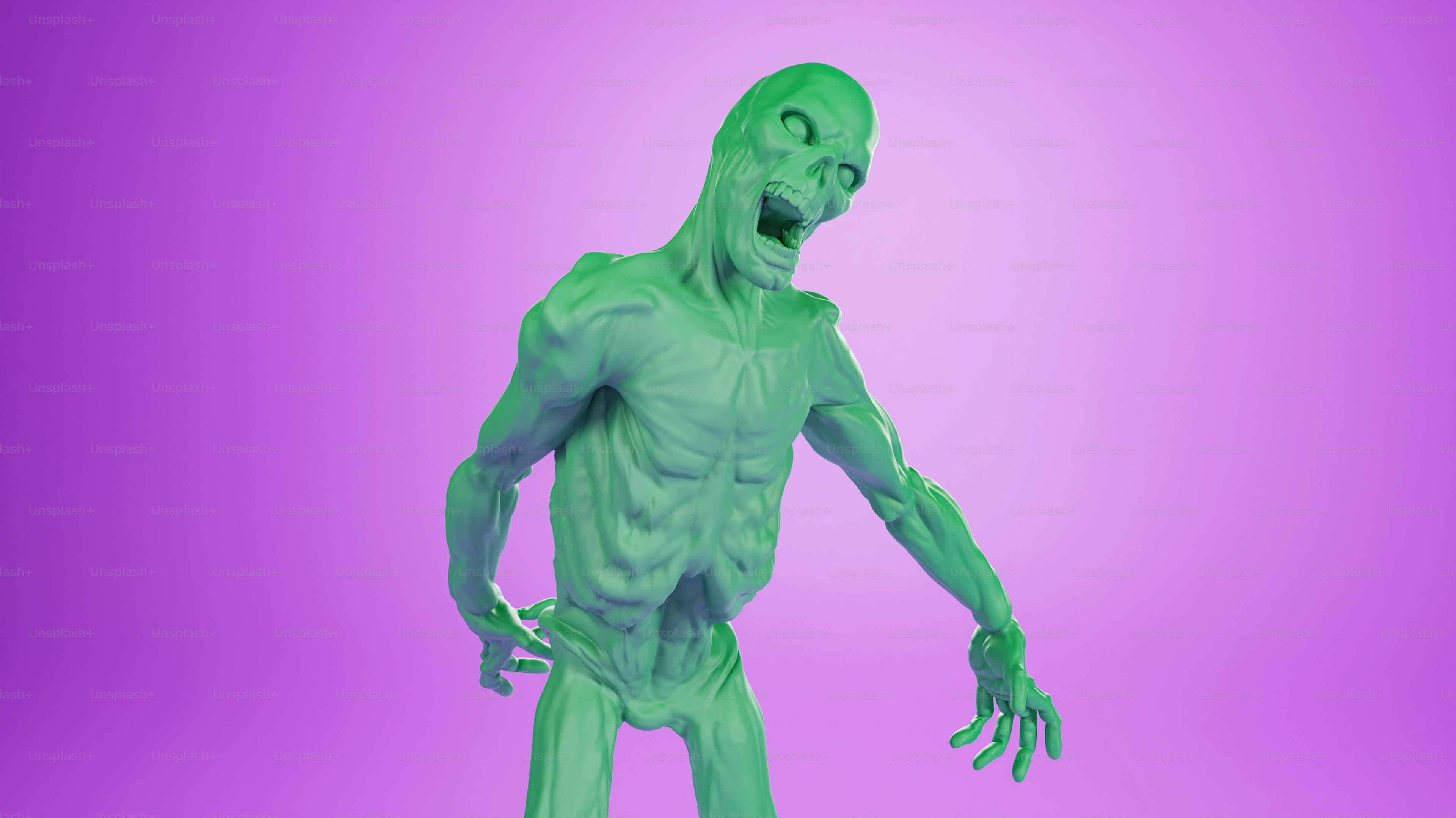 Un alienígena verde de pie sobre un fondo púrpura