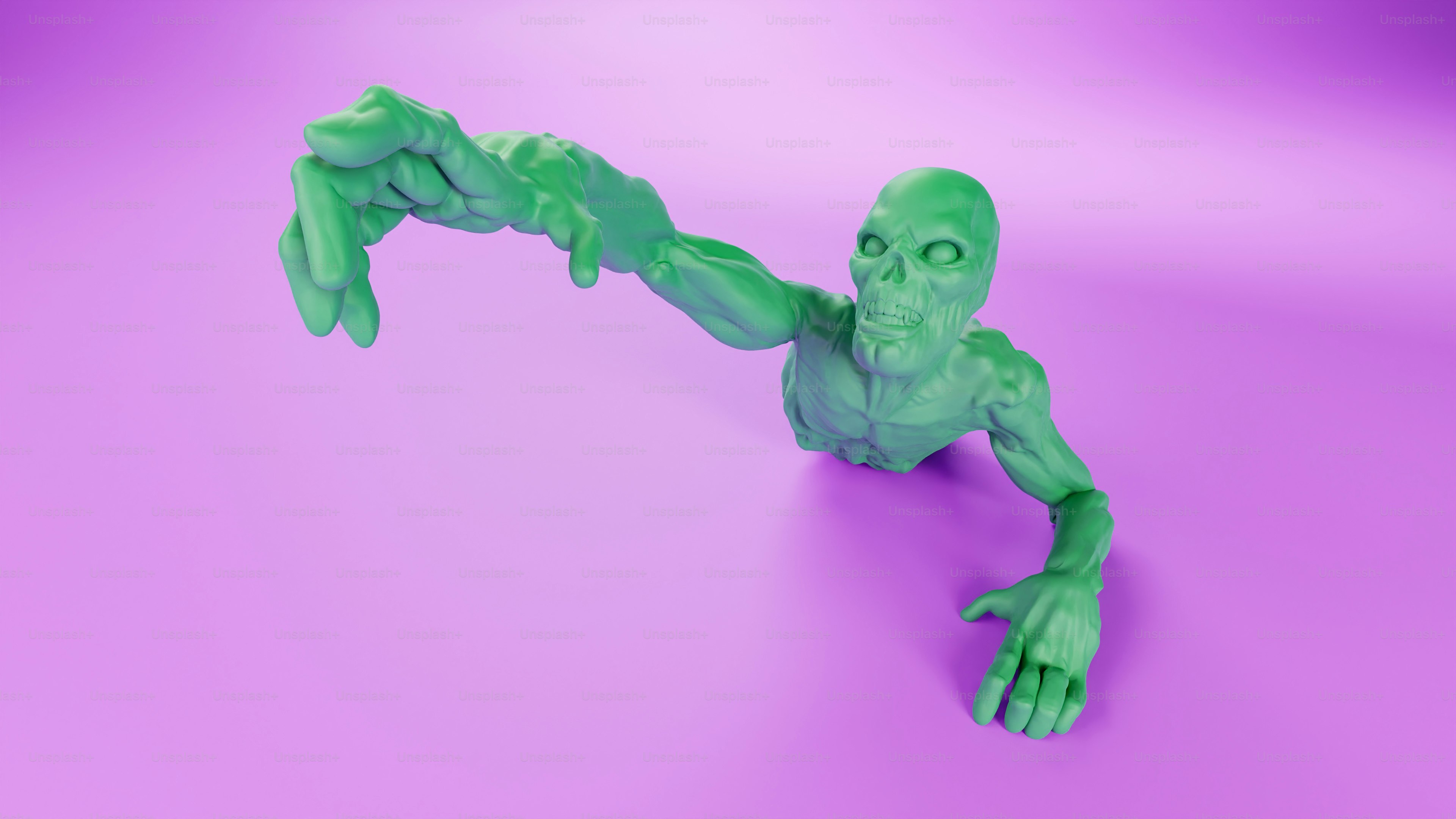 A green alien sitting on top of a purple surface