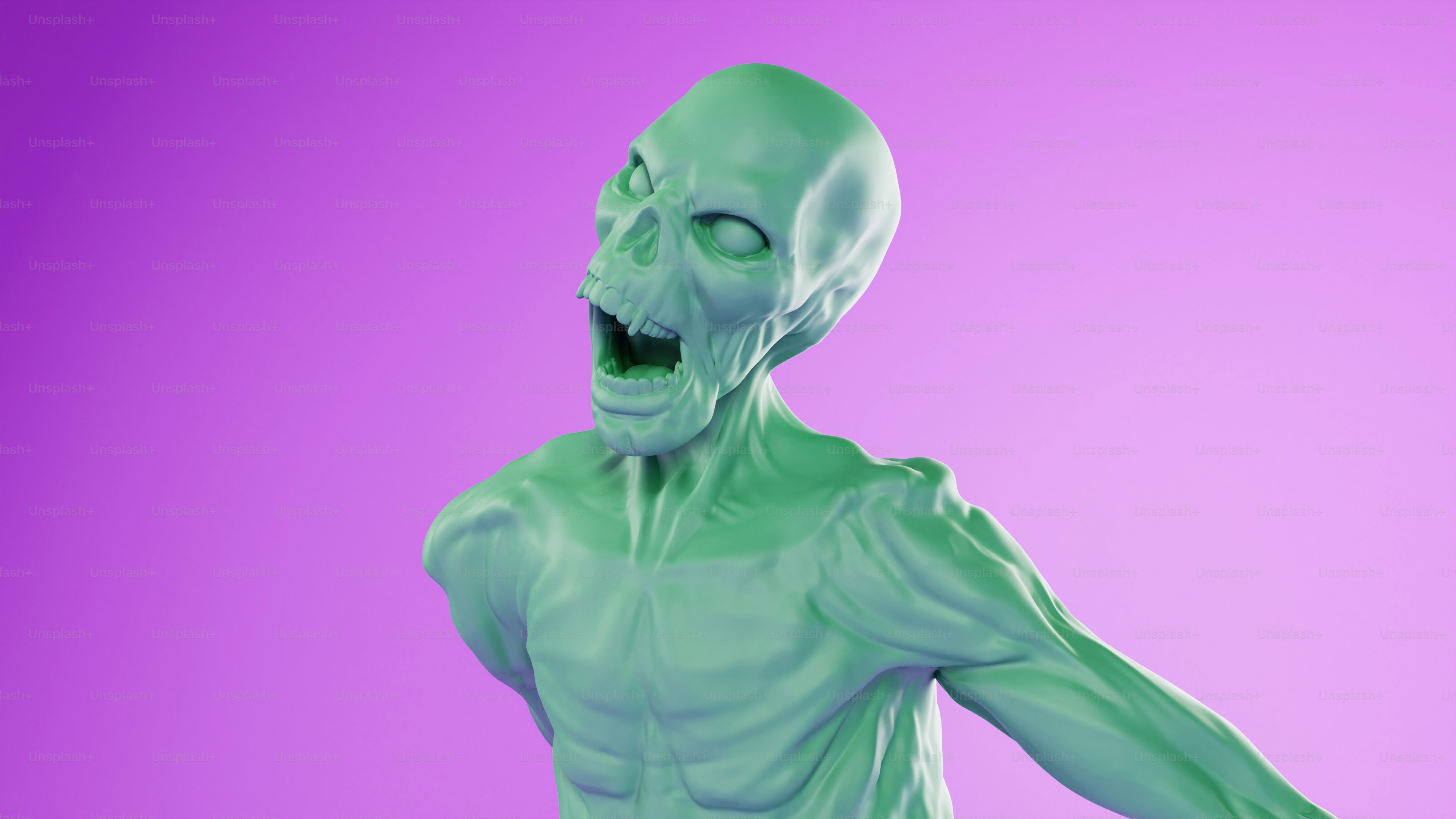 A green alien standing in front of a purple background