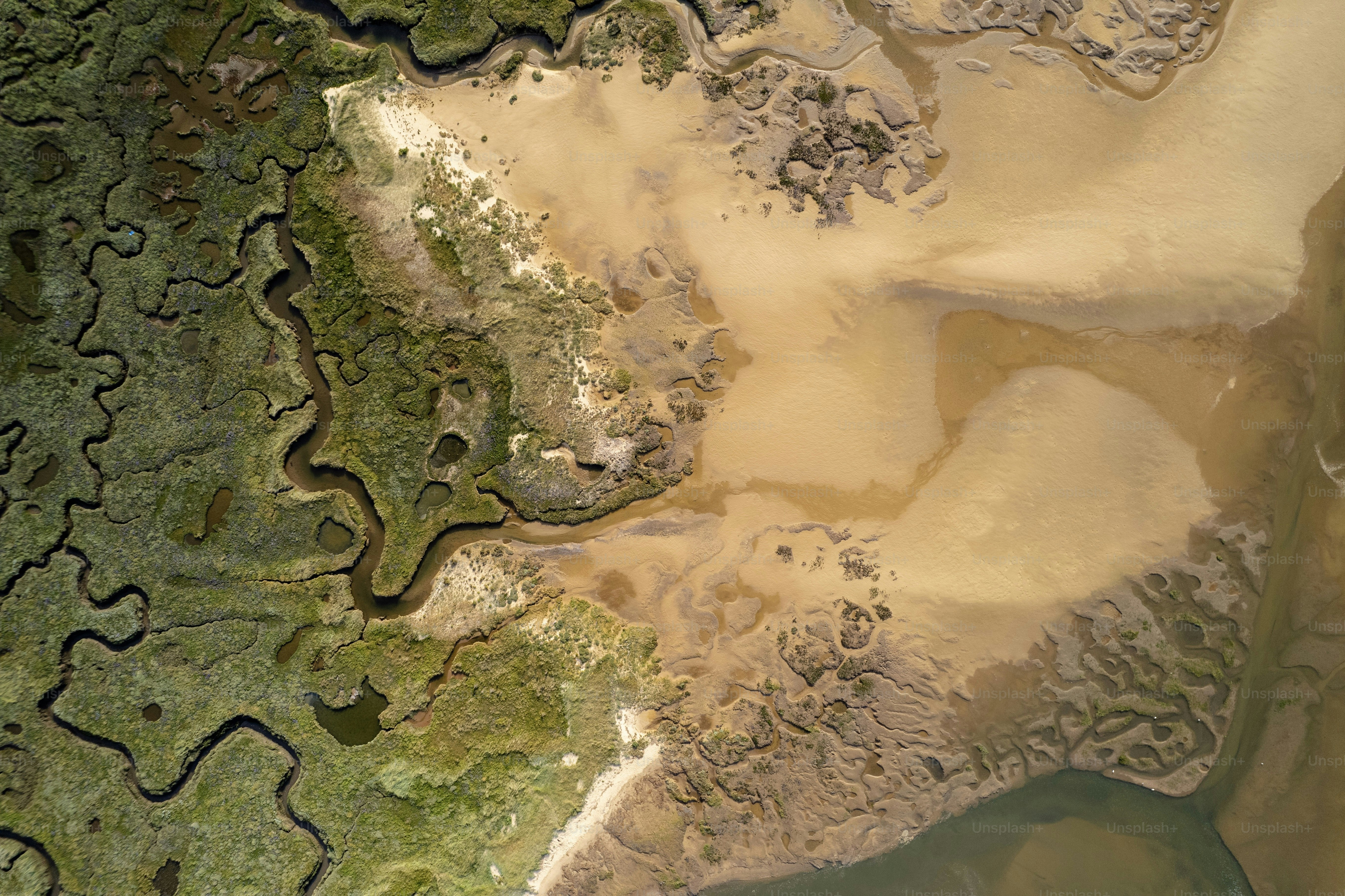 An aerial view of a body of water and land