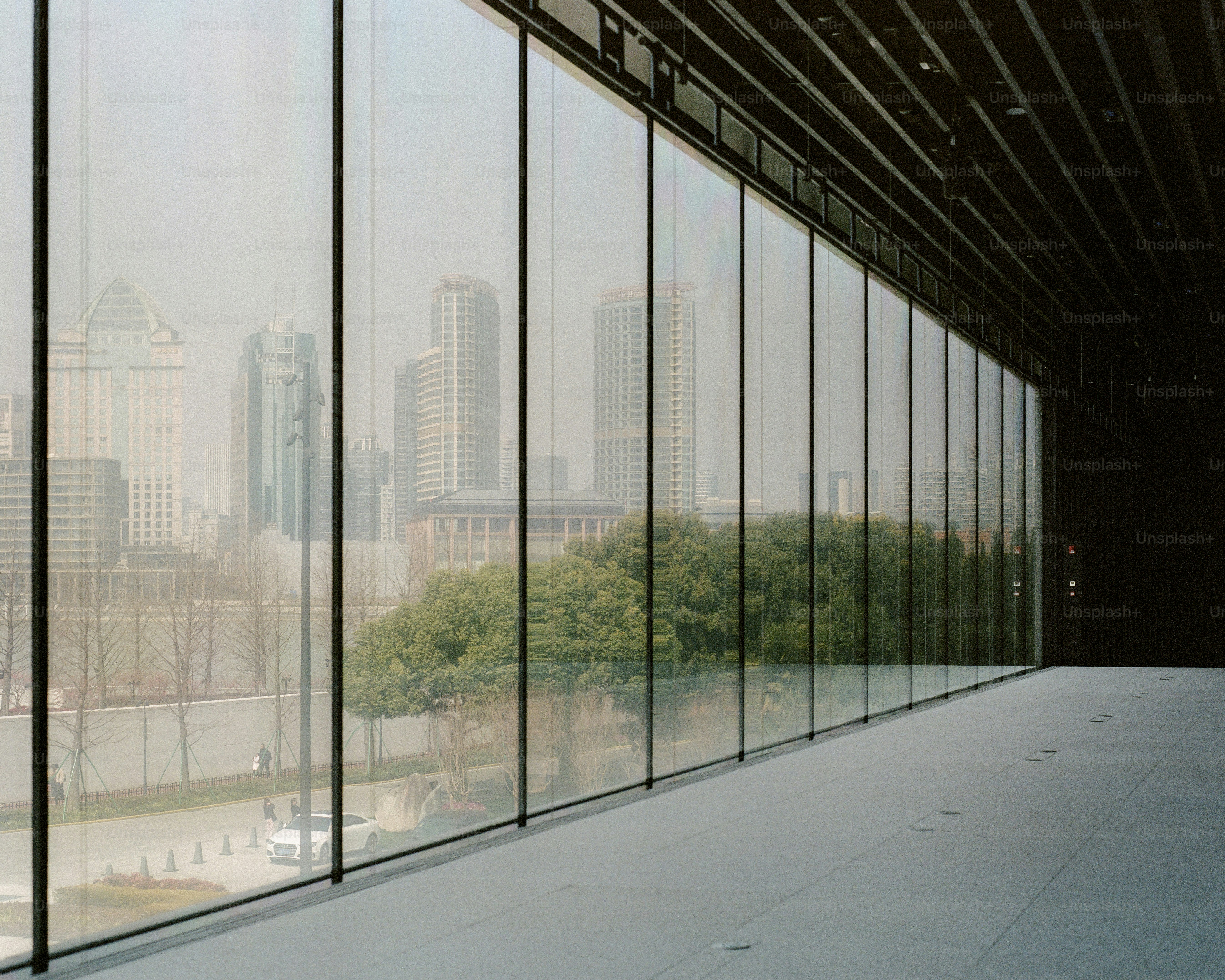 A view of a city from inside a building