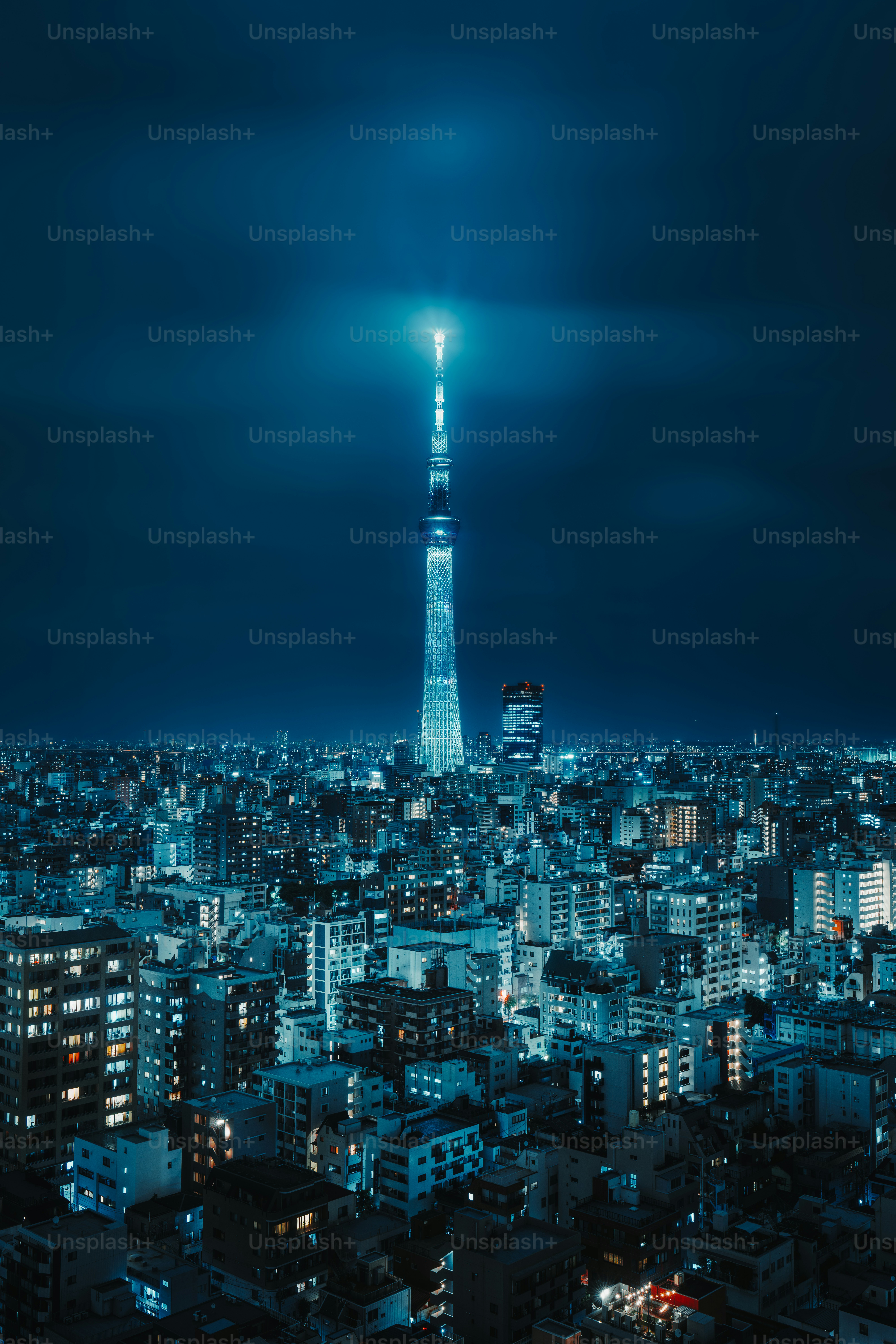 A view of a city at night with a very tall building