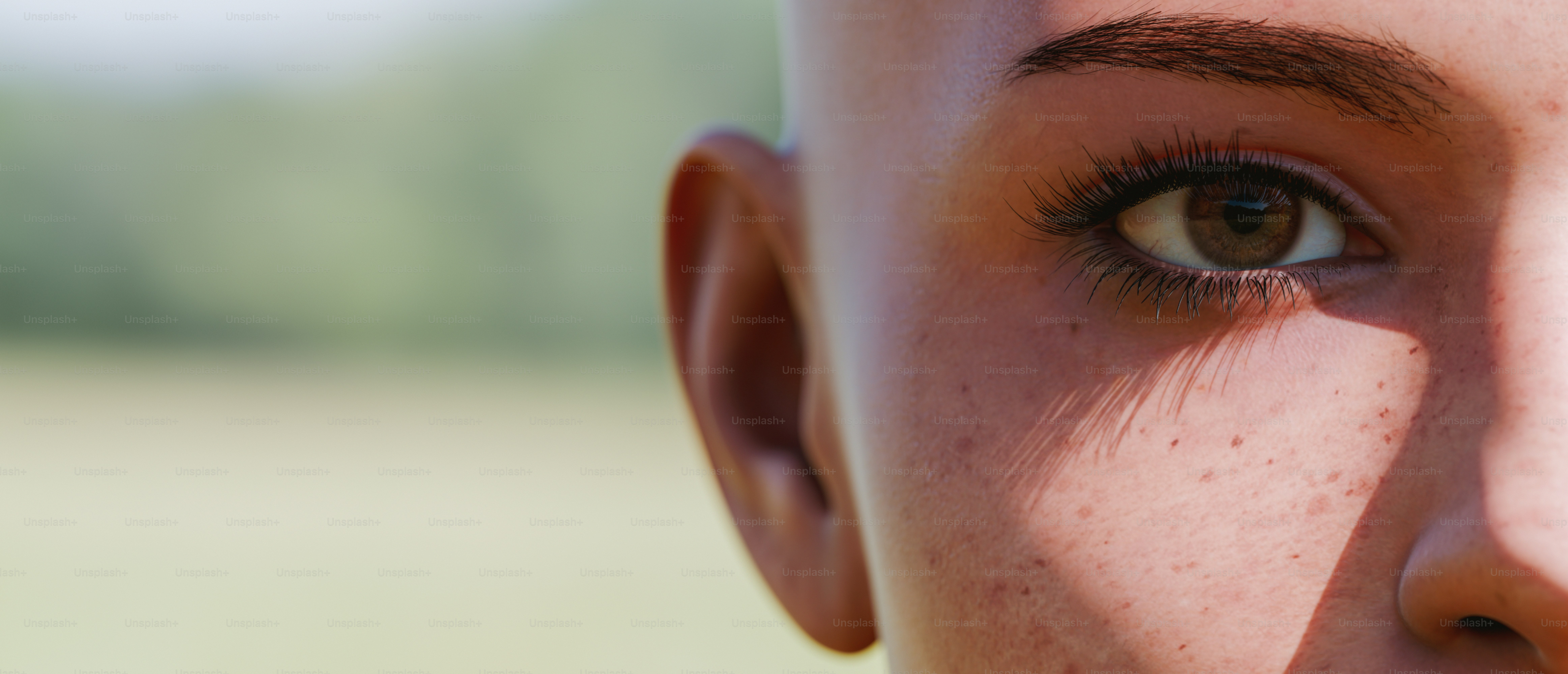 A close up of a person's face with a blurry background