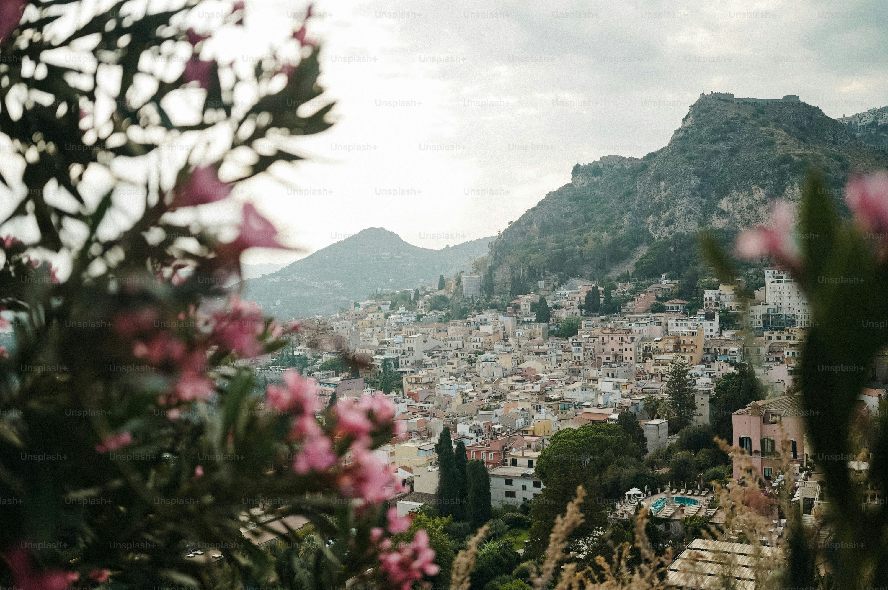 Una veduta di una città dalla cima di una collina