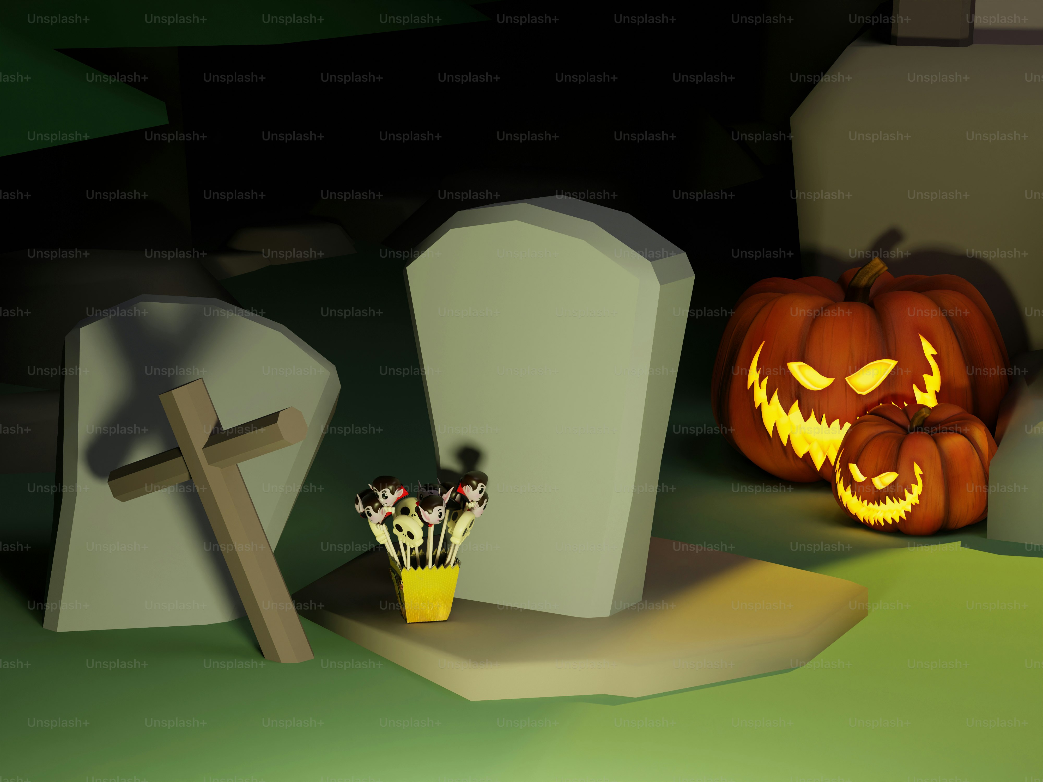 A halloween scene with a grave and a carved pumpkin