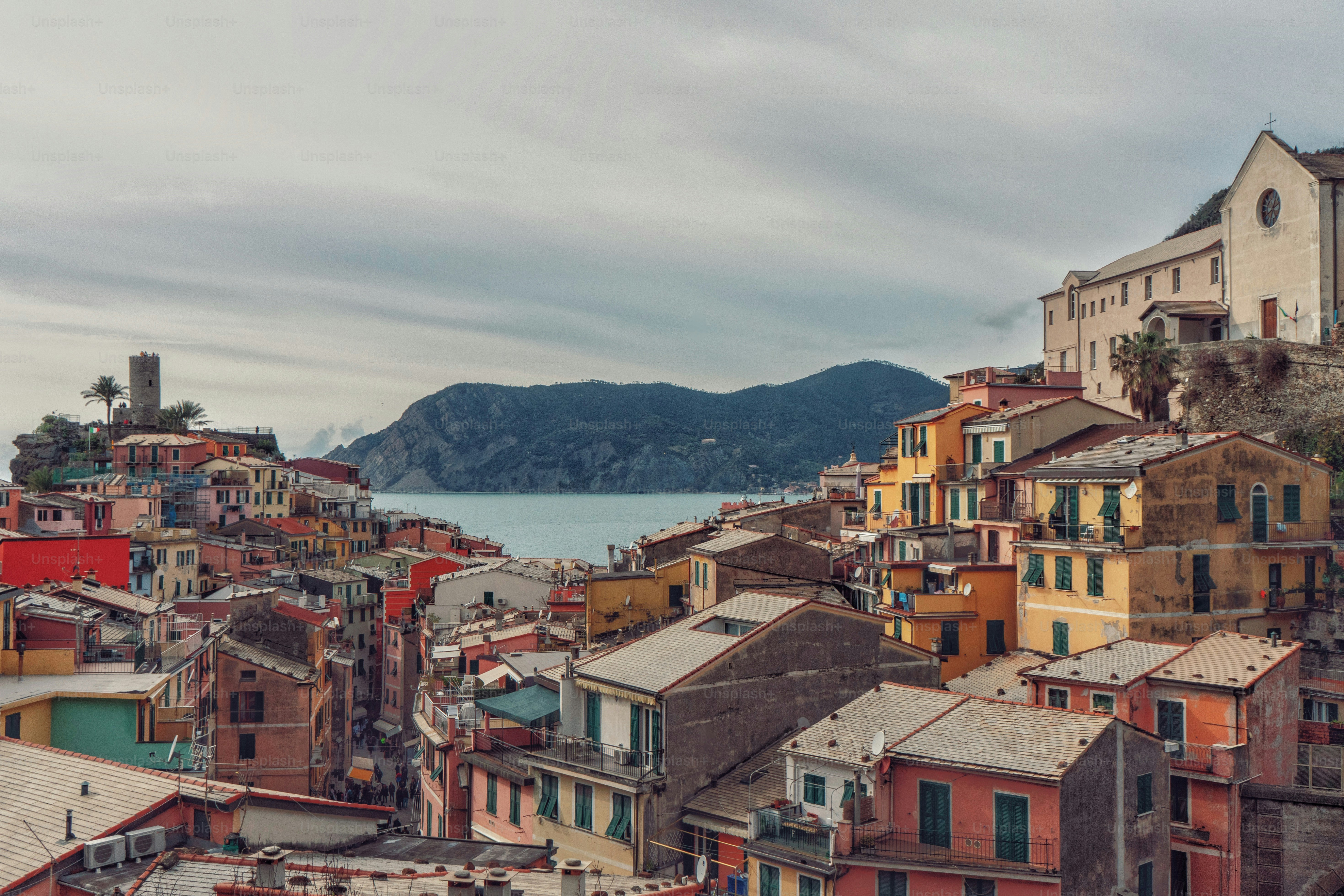 A city with lots of buildings and a body of water in the background