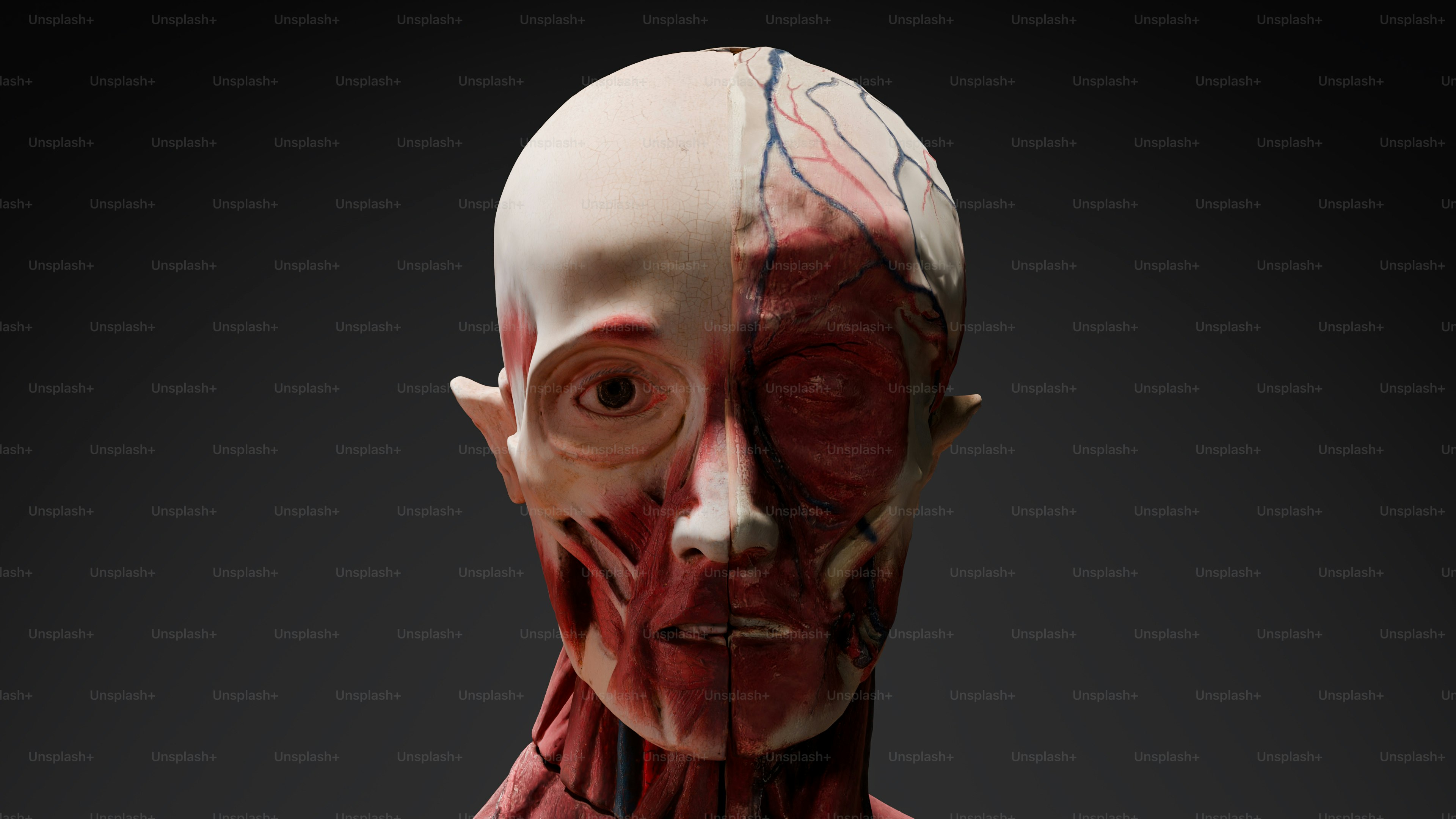 A man's head with muscles and blood all over it