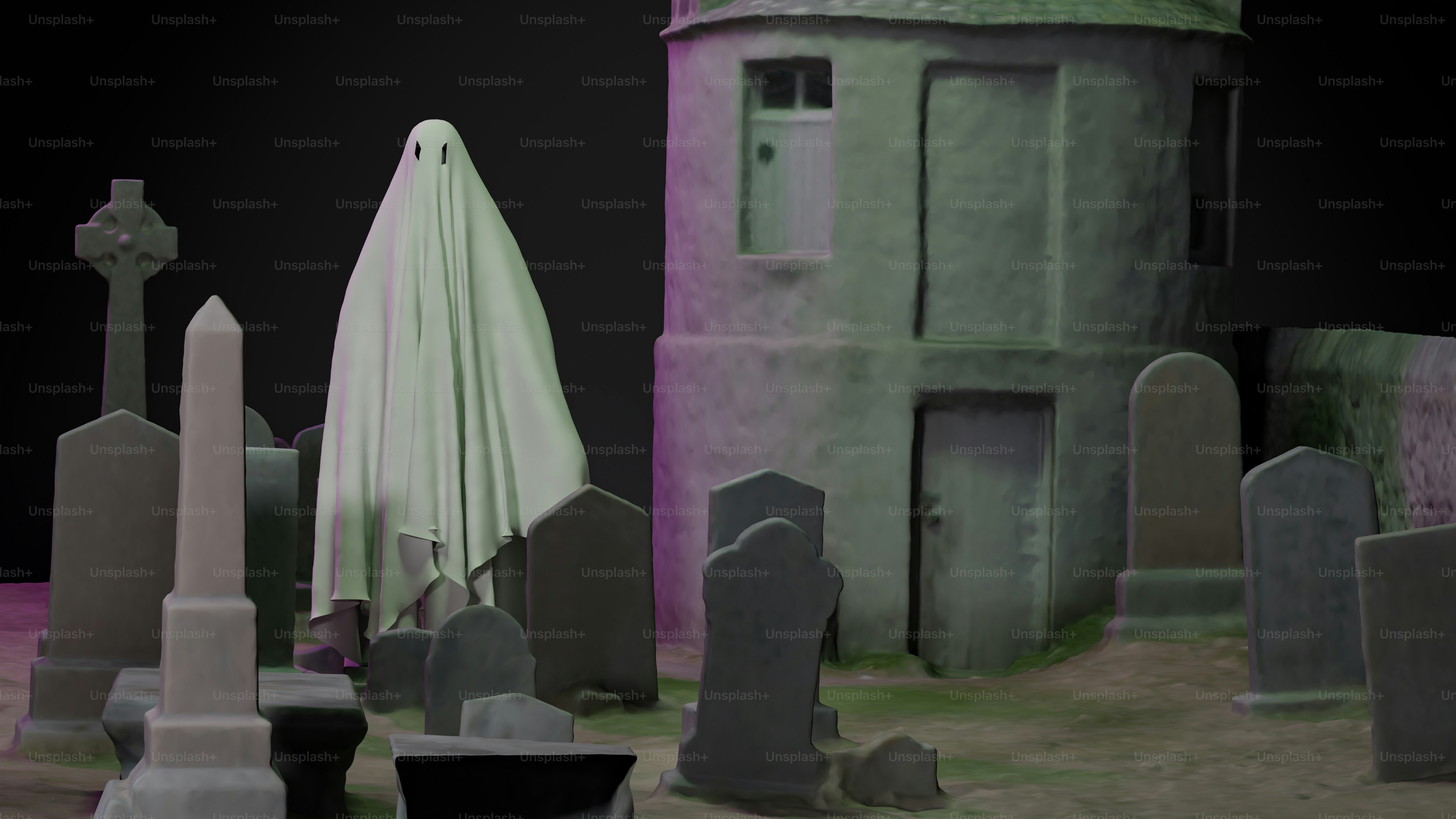 A cemetery with a tower and a white umbrella