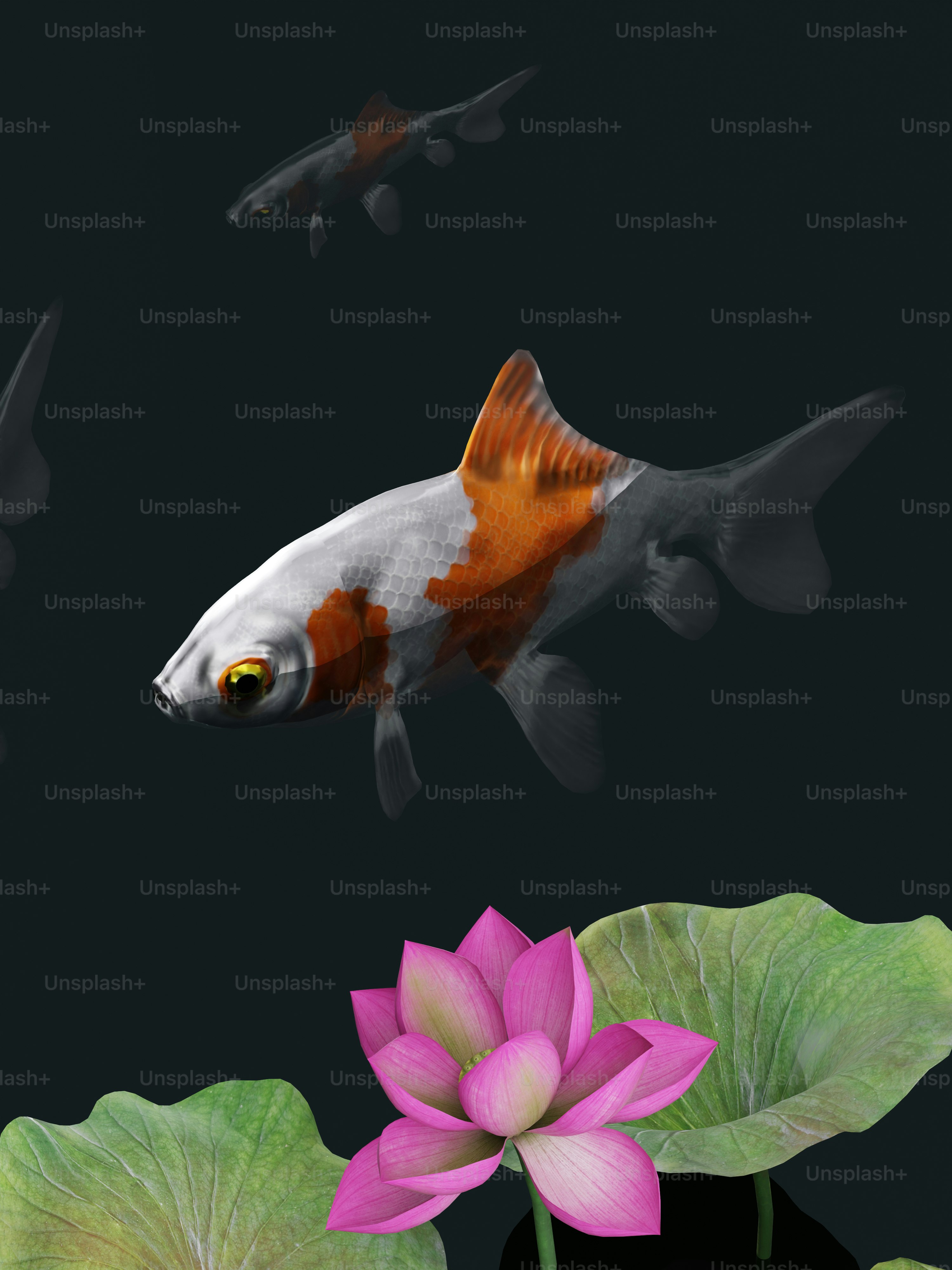 A painting of a goldfish in a pond with water lilies