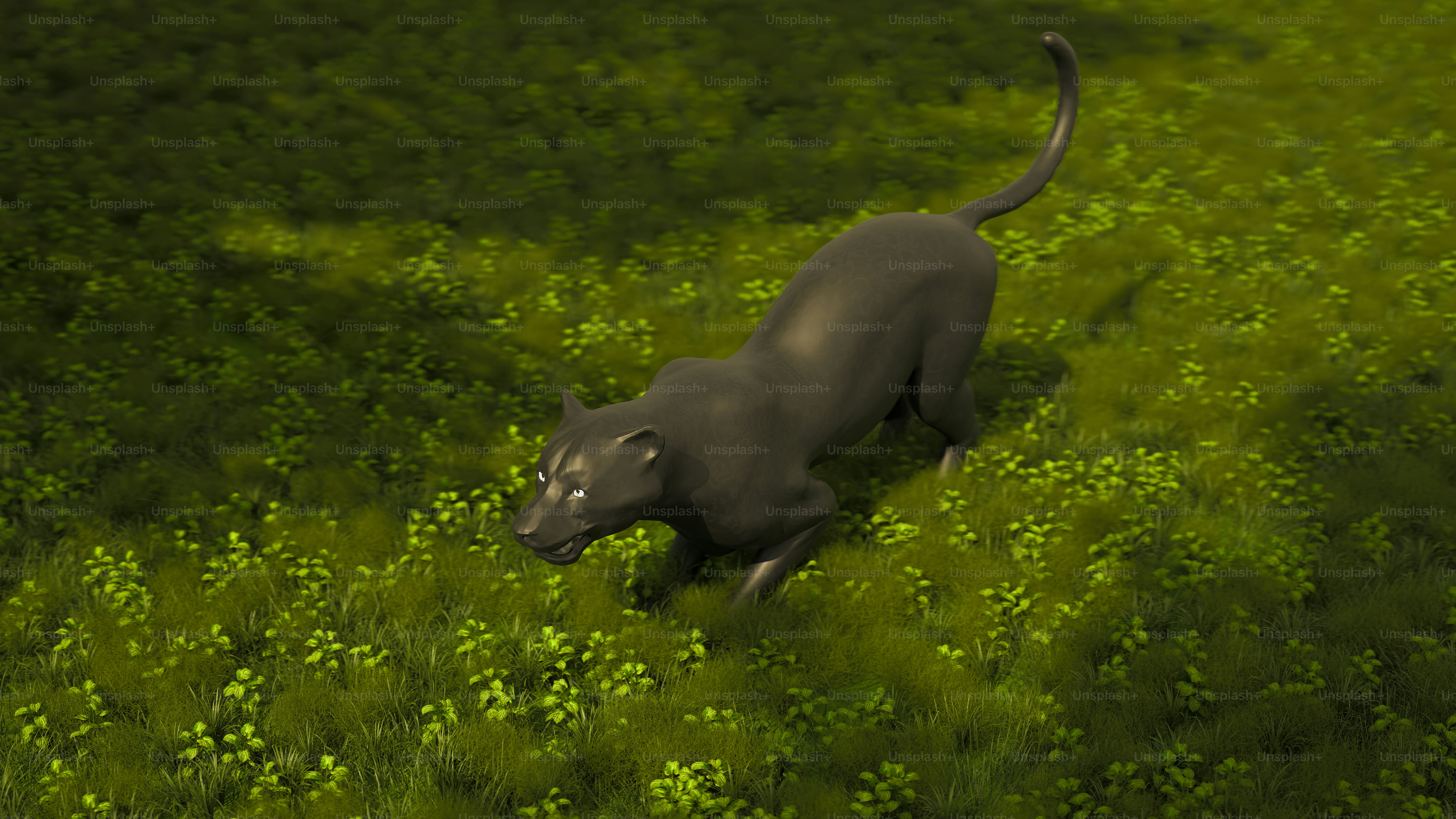 A black dog running through a lush green field