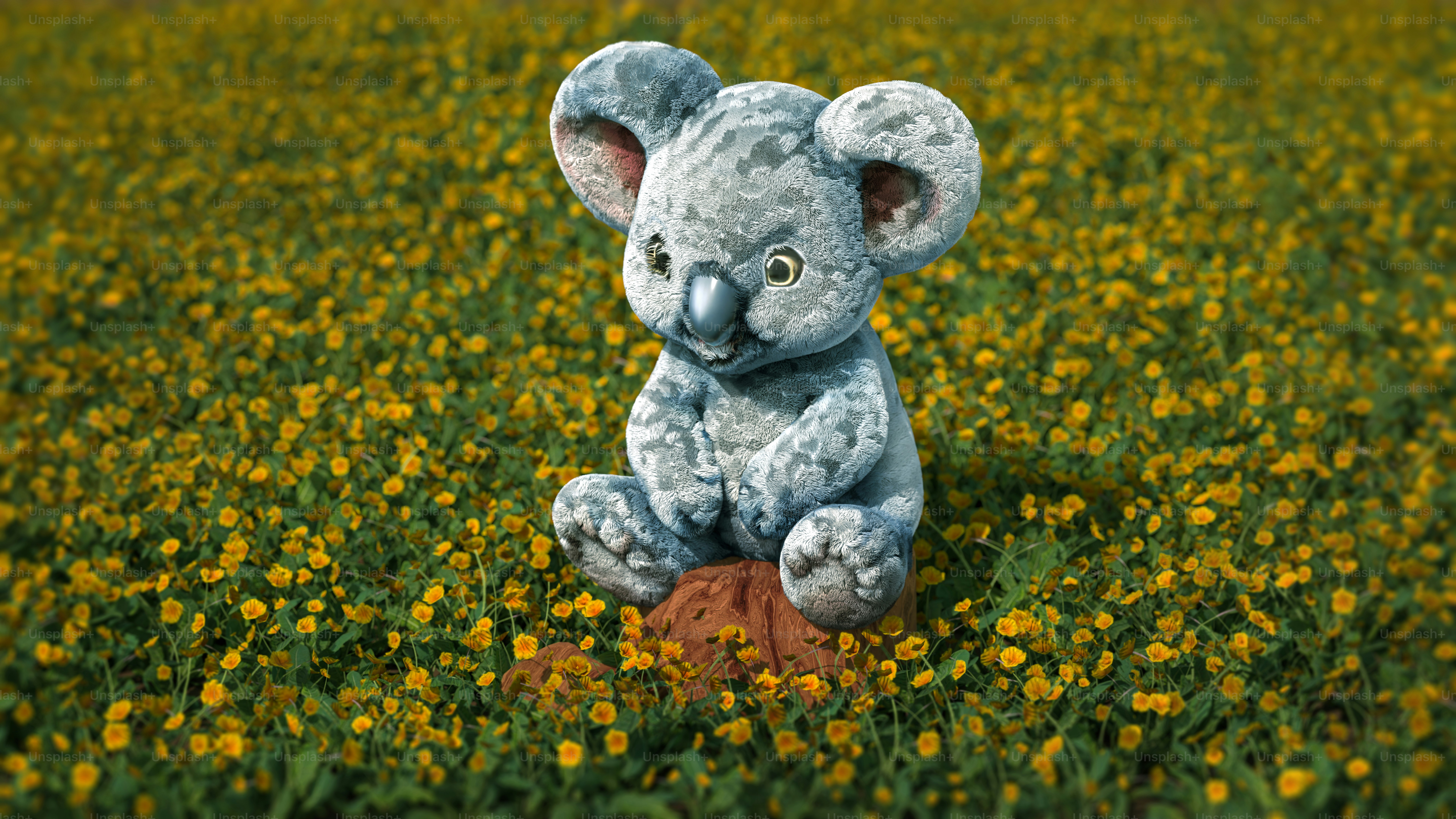 A stuffed elephant sitting in a field of yellow flowers